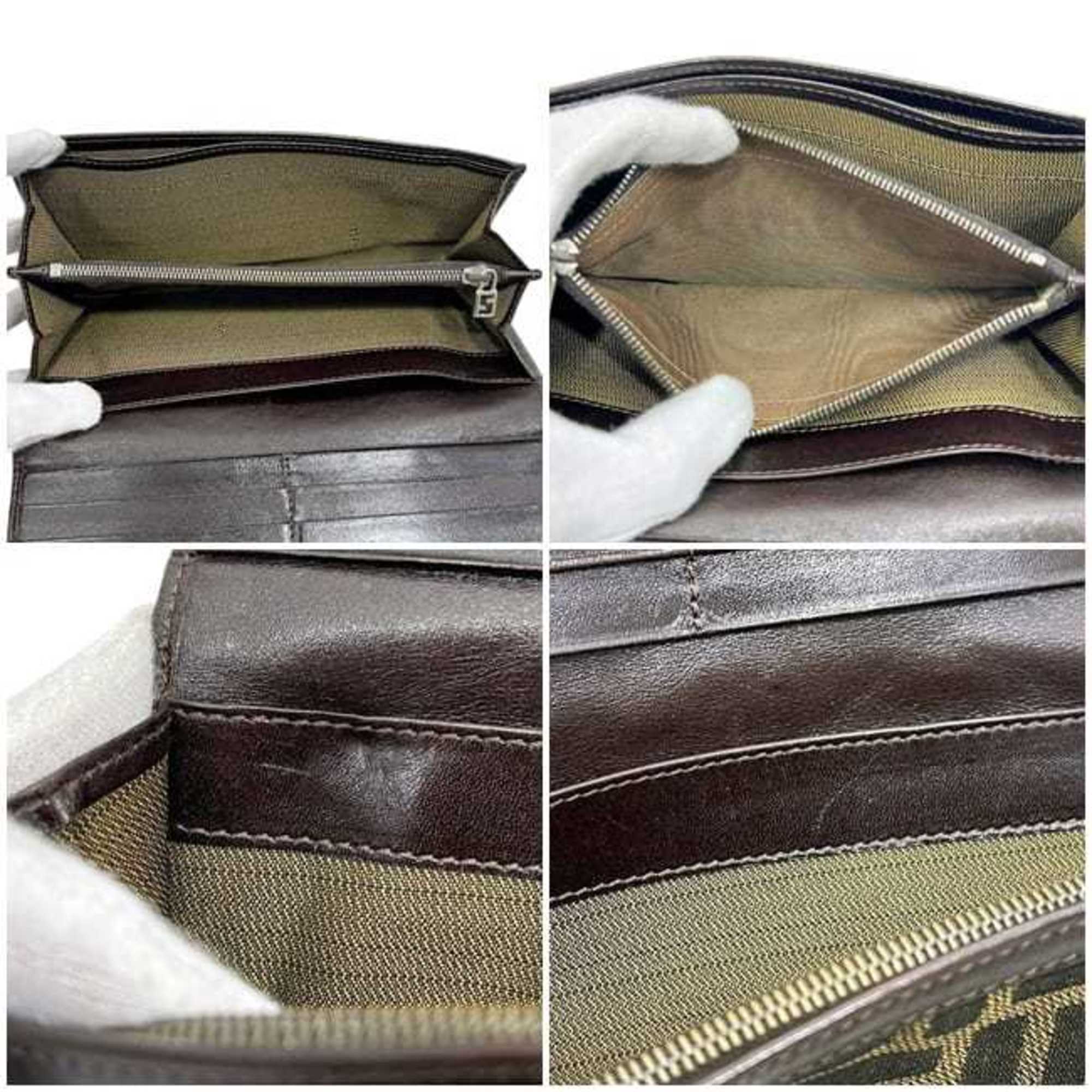 Fendi Brown Green Khaki Canvas Leather Long Wallet (Bi-Fold) (Pre-Owned)