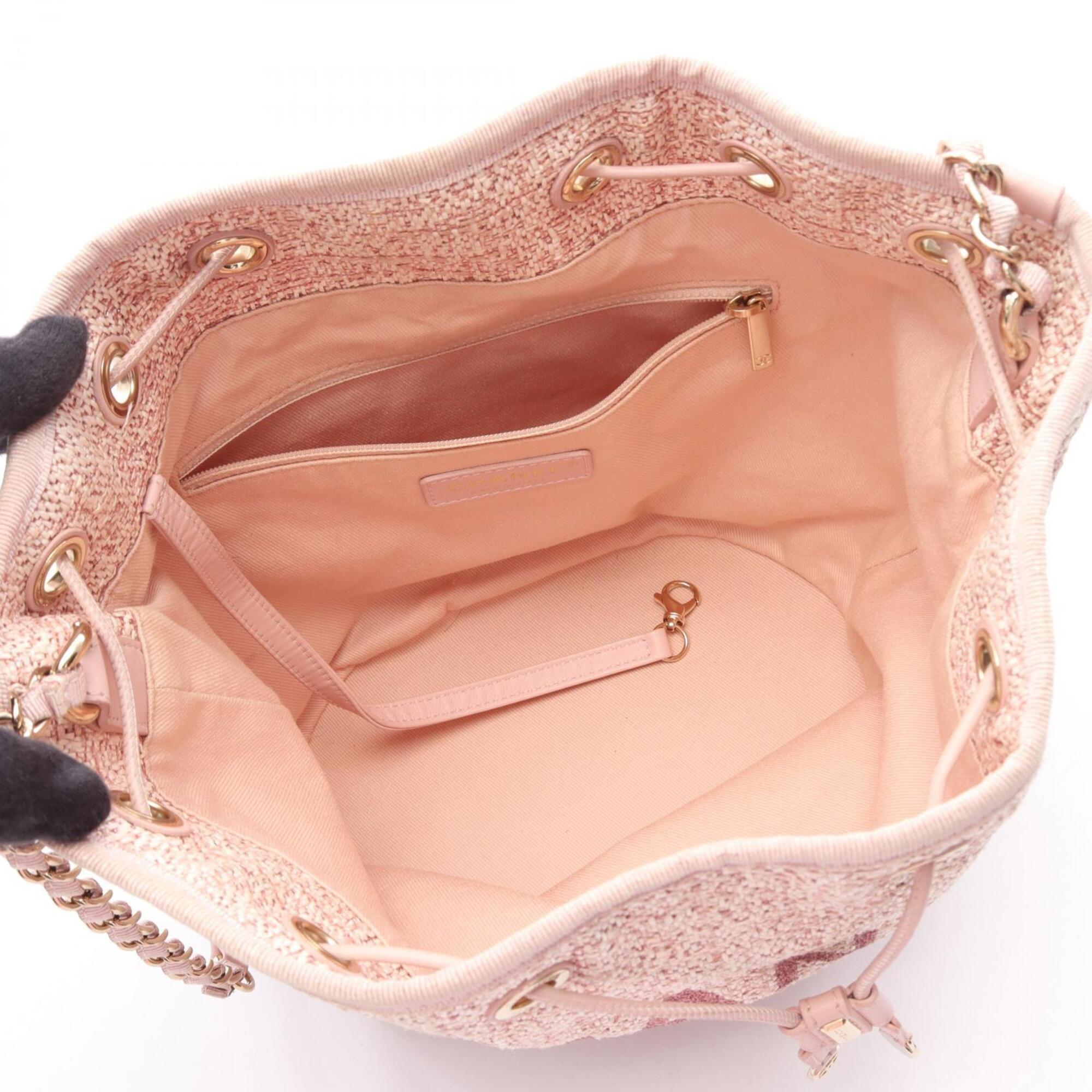 Chanel Pink Leather Straw Handbag Shoulder Bag (Pre-Owned)