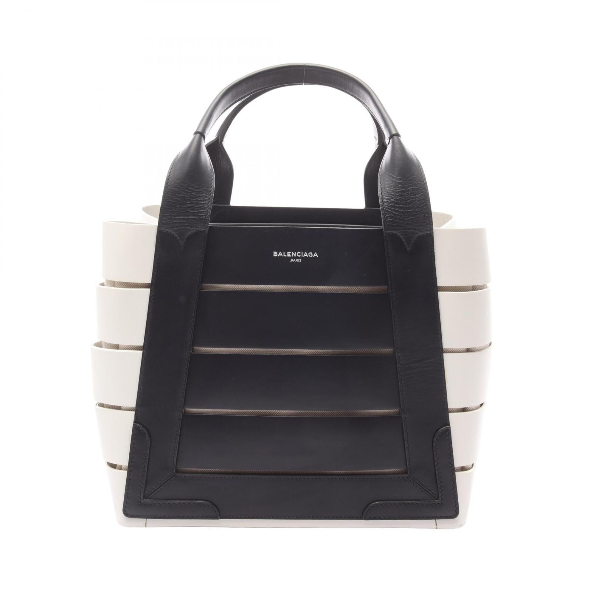 Balenciaga Black White Leather Canvas Handbag Tote Bag (Pre-Owned)