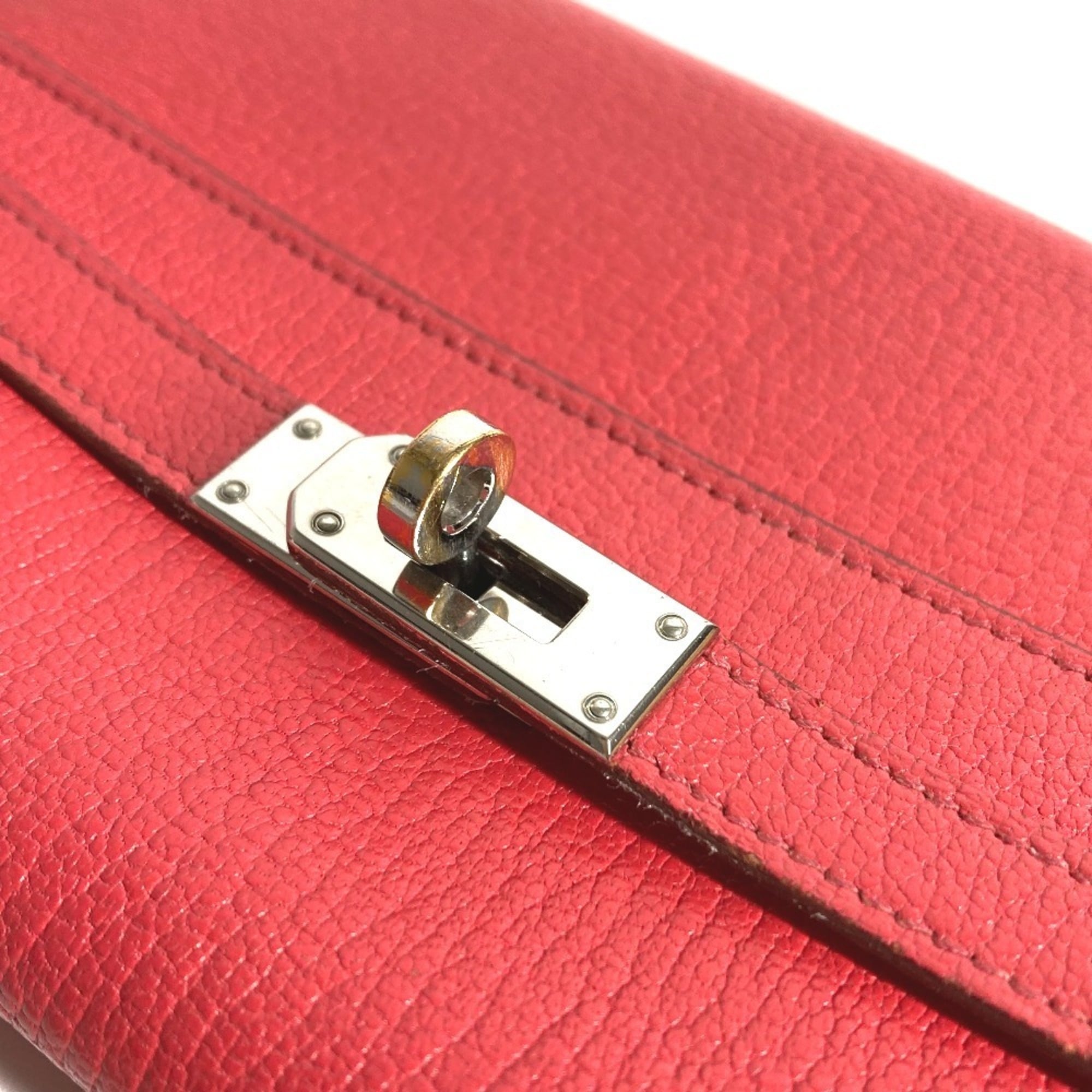 Hermes Red Color Chevre Leather Long Wallet (Bi-Fold) (Pre-Owned)