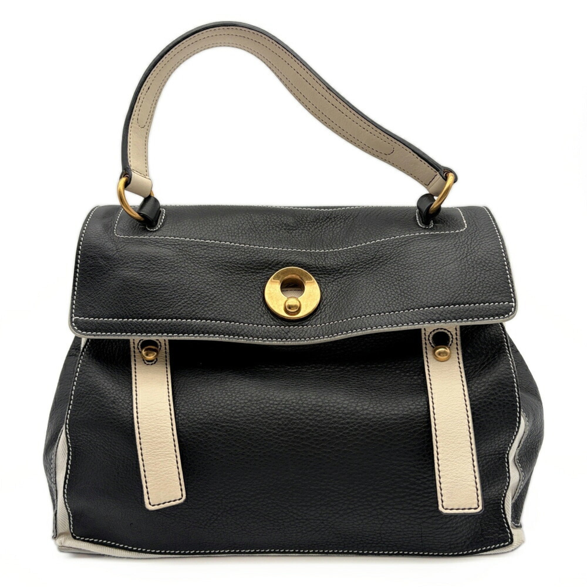 Yves Saint Laurent Black White Leather Canvas Handbag (Pre-Owned)