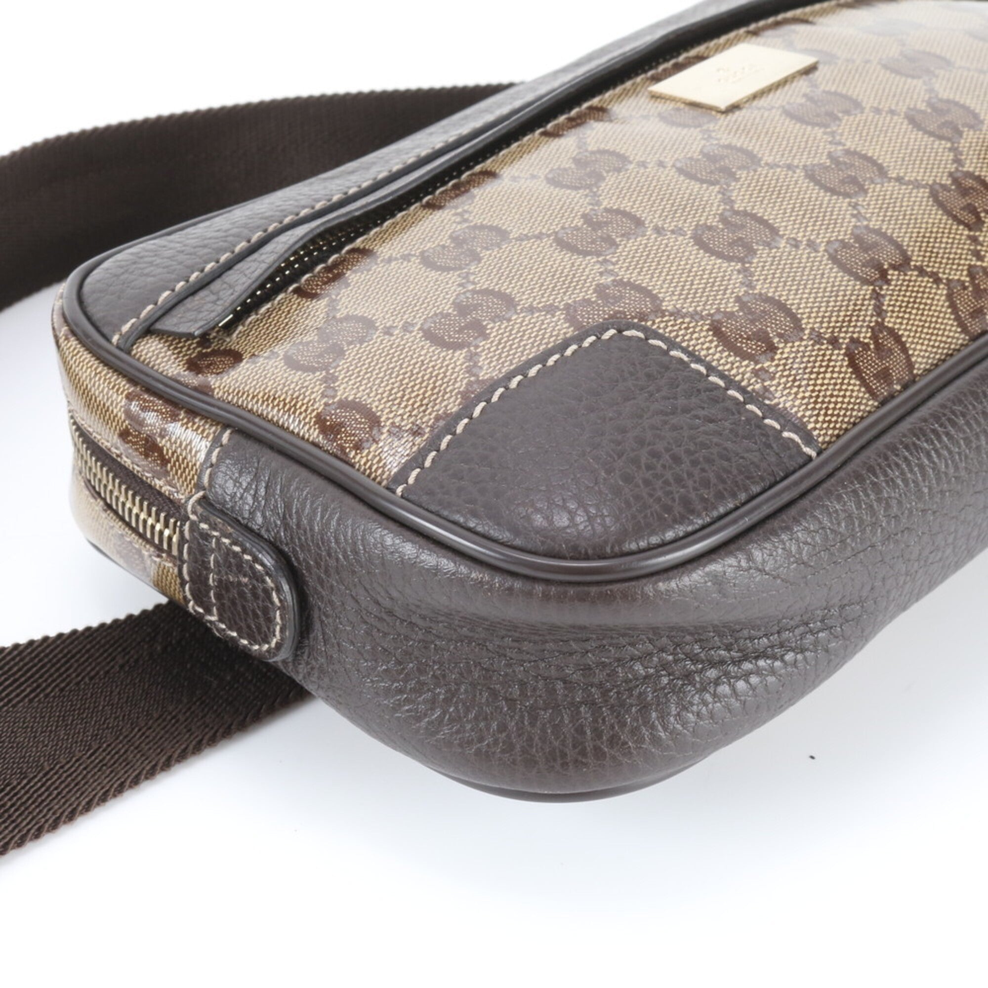 Gucci Beige Dark Brown Leather Coated Canvas Fanny Pack Pouch Sling Bag (Pre-Owned)