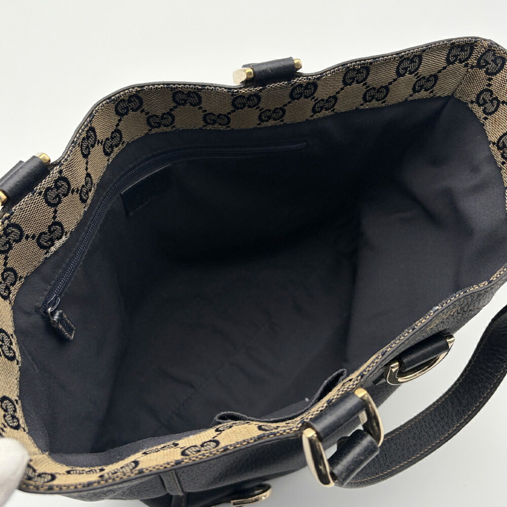 Gucci Navy Leather Canvas Tote Bag (Pre-Owned)