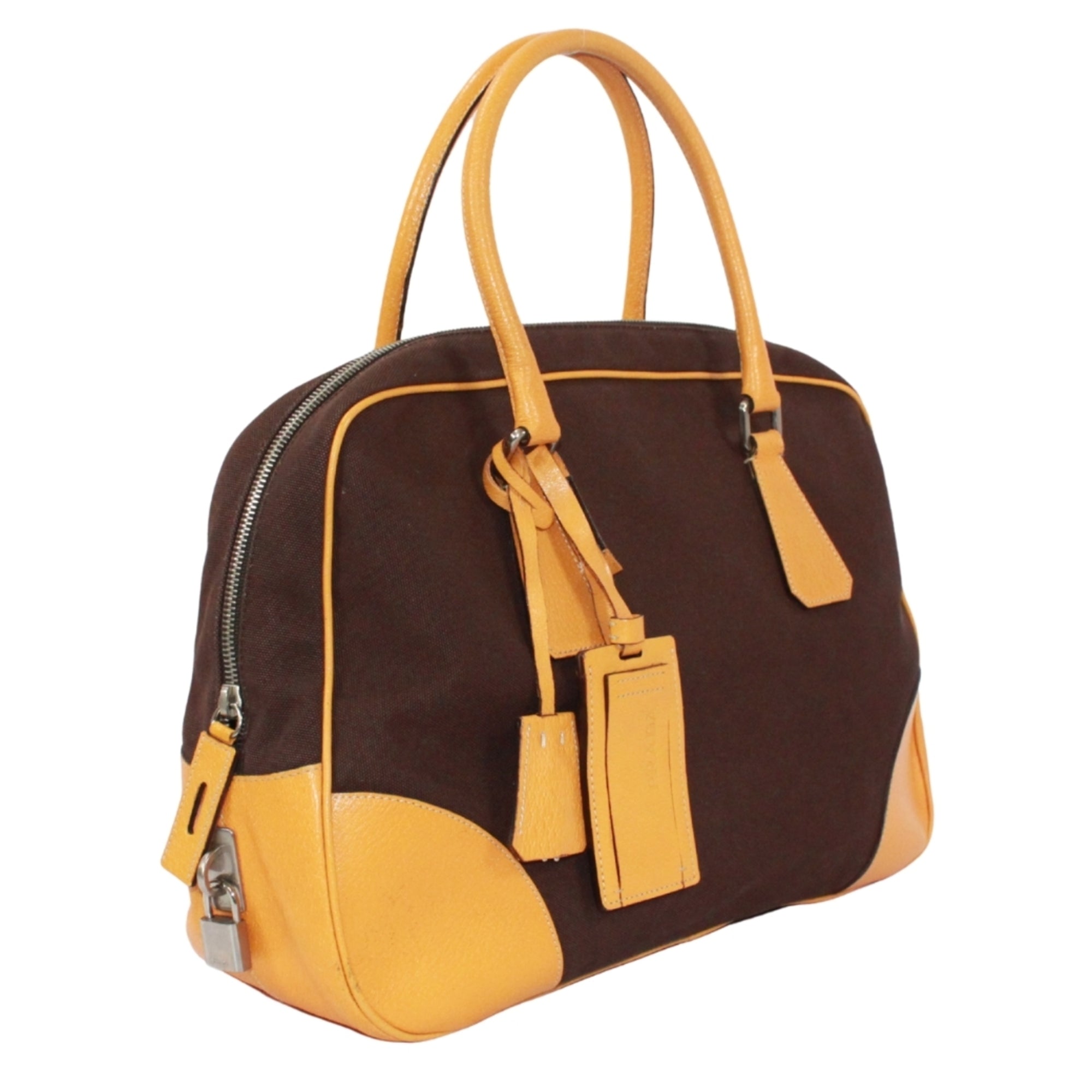 Prada Brown Yellow Leather Canvas Boston Bag Handbag (Pre-Owned)