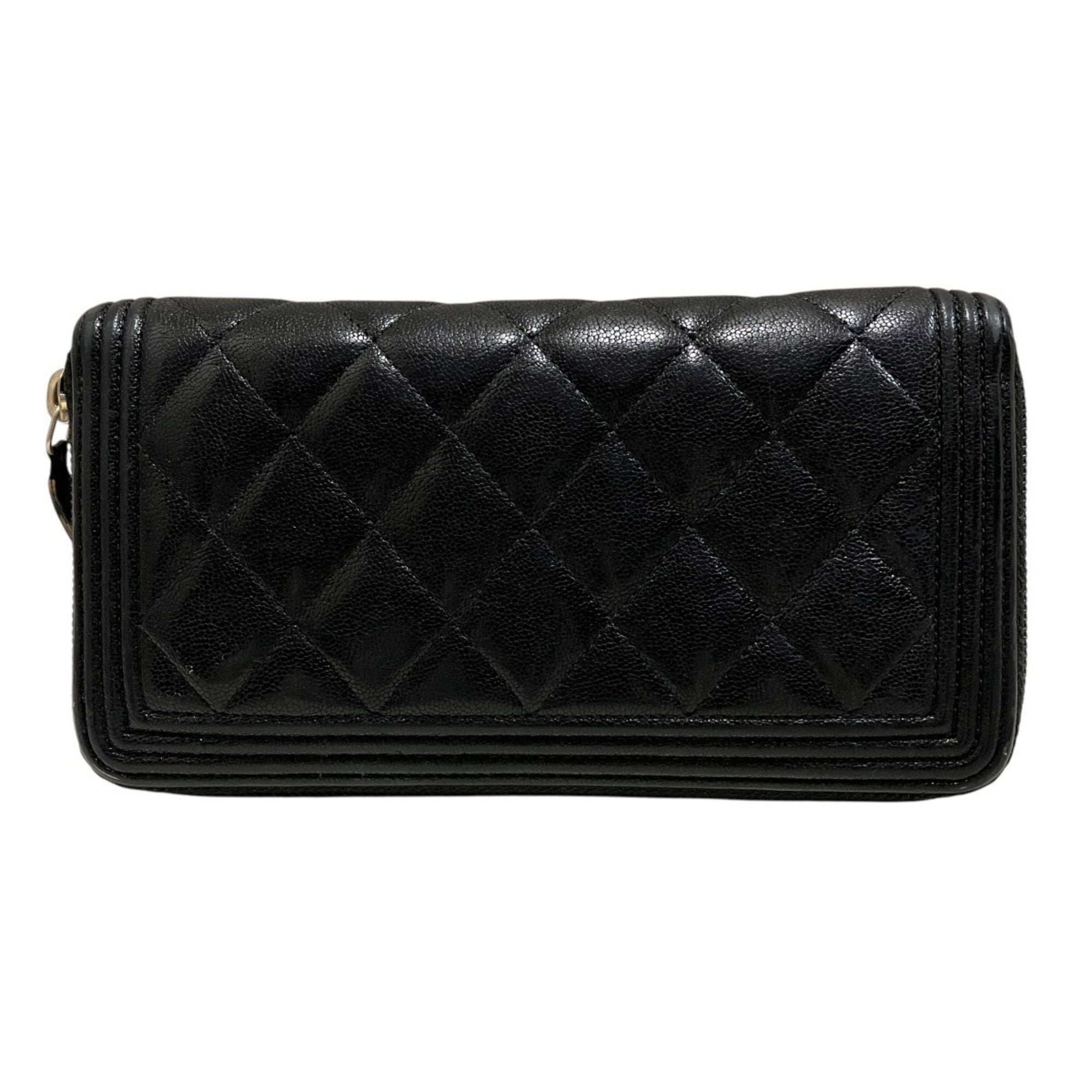 Chanel Boy Chanel Black Grained Calfskin Long Wallet (Bi-Fold) (Pre-Owned)