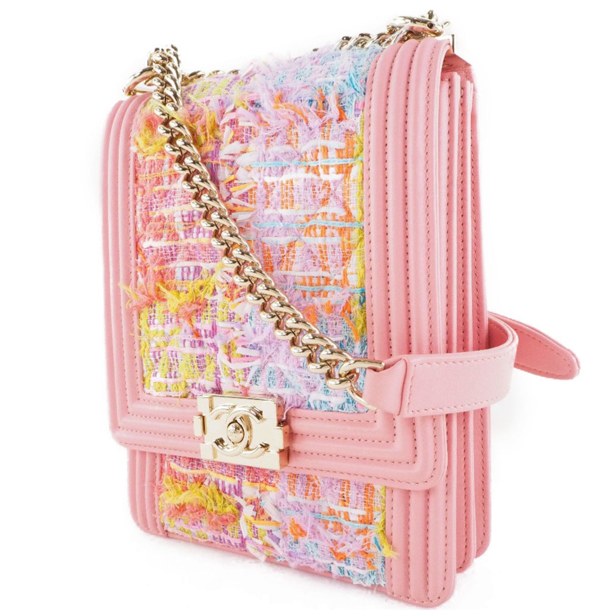 Chanel Boy Chanel Pink Tweed Leather Shoulder Bag (Pre-Owned)
