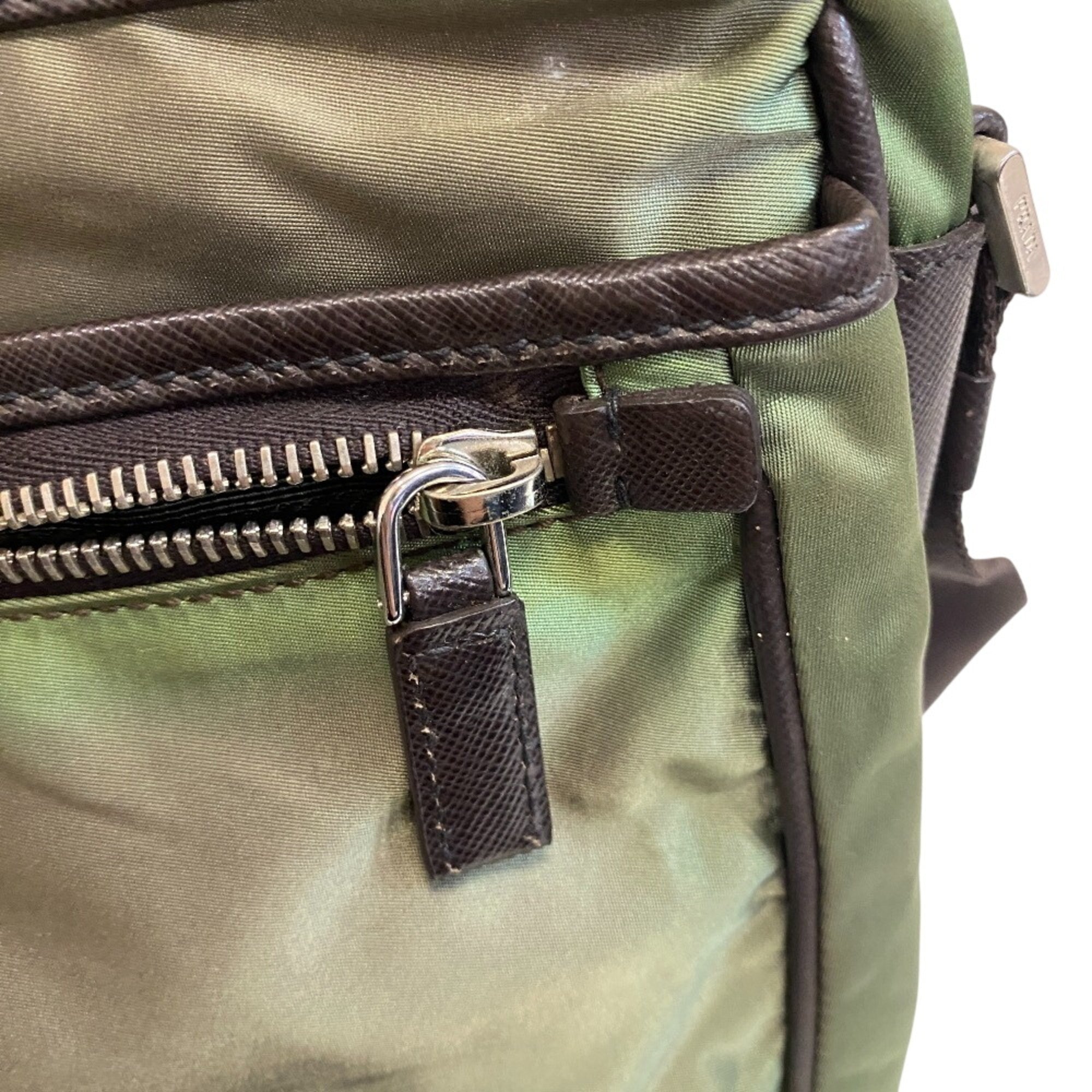 Prada Brown Green Nylon Leather Messenger Bag Shoulder Bag (Pre-Owned)