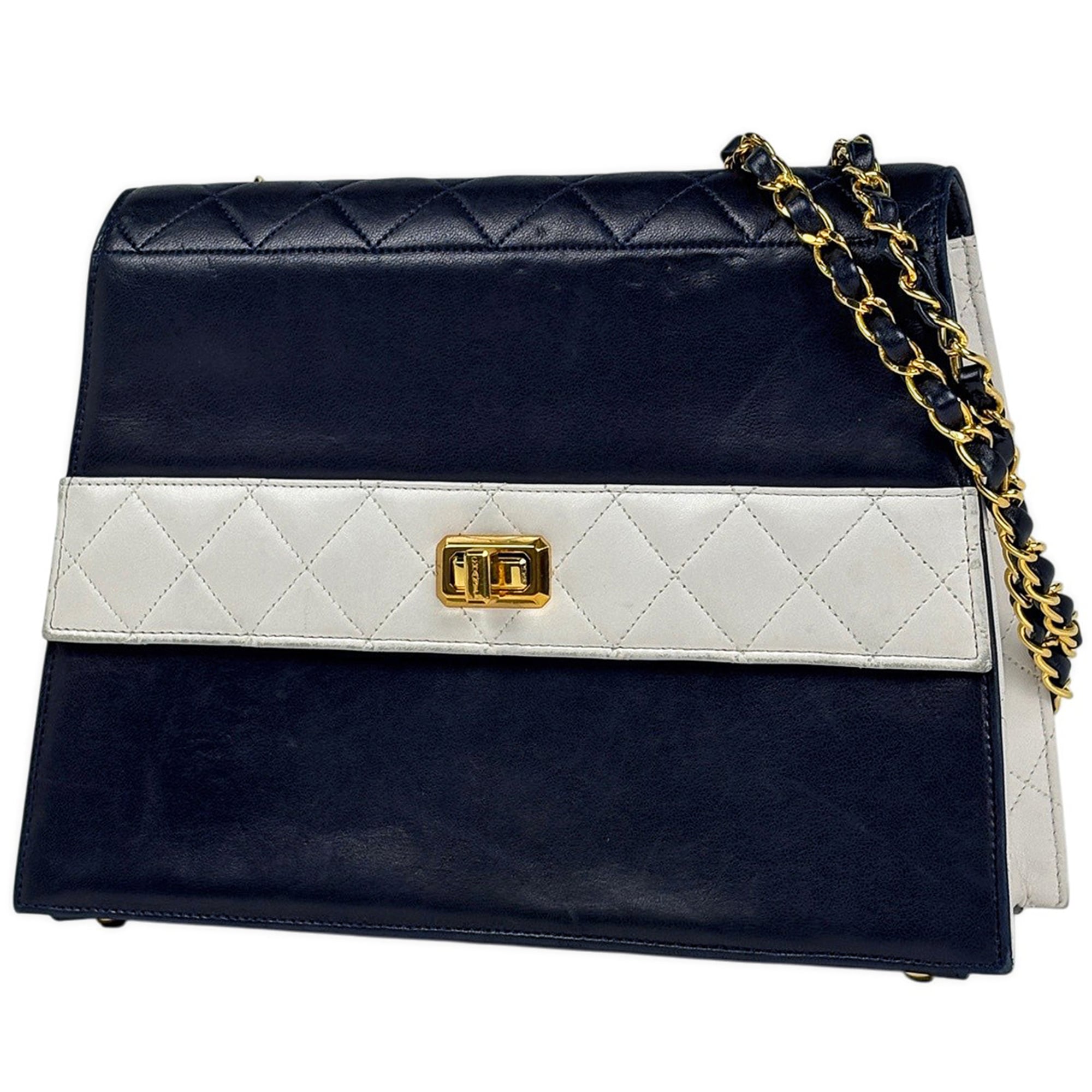 Chanel Matelasse Navy White Leather Shoulder Bag (Pre-Owned)