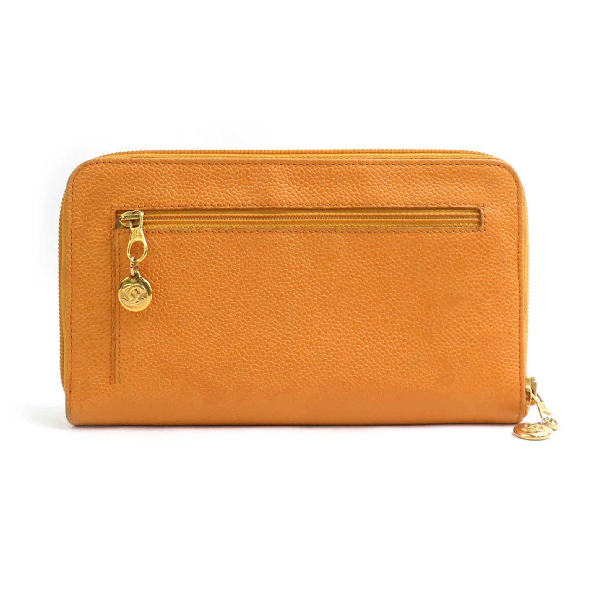 Chanel Orange Grained Calfskin Long Wallet (Bi-Fold) (Pre-Owned)