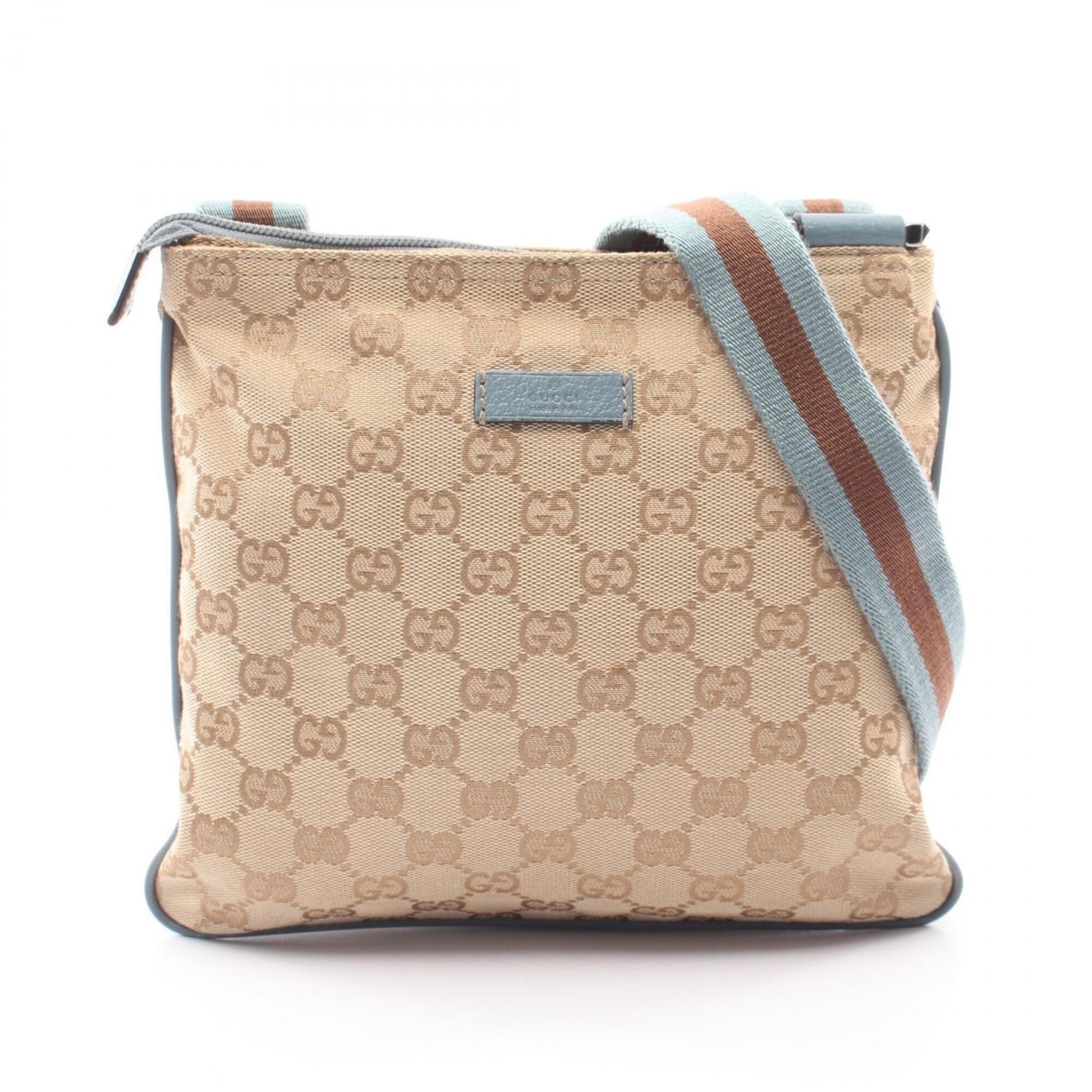 Gucci Beige Blue Brown Canvas Leather Shoulder Bag (Pre-Owned)