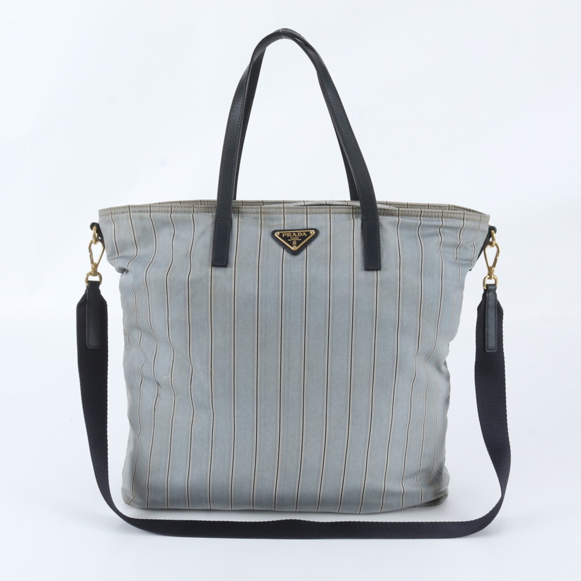 Prada Gray Navy Leather Nylon Shoulder Bag (Pre-Owned)