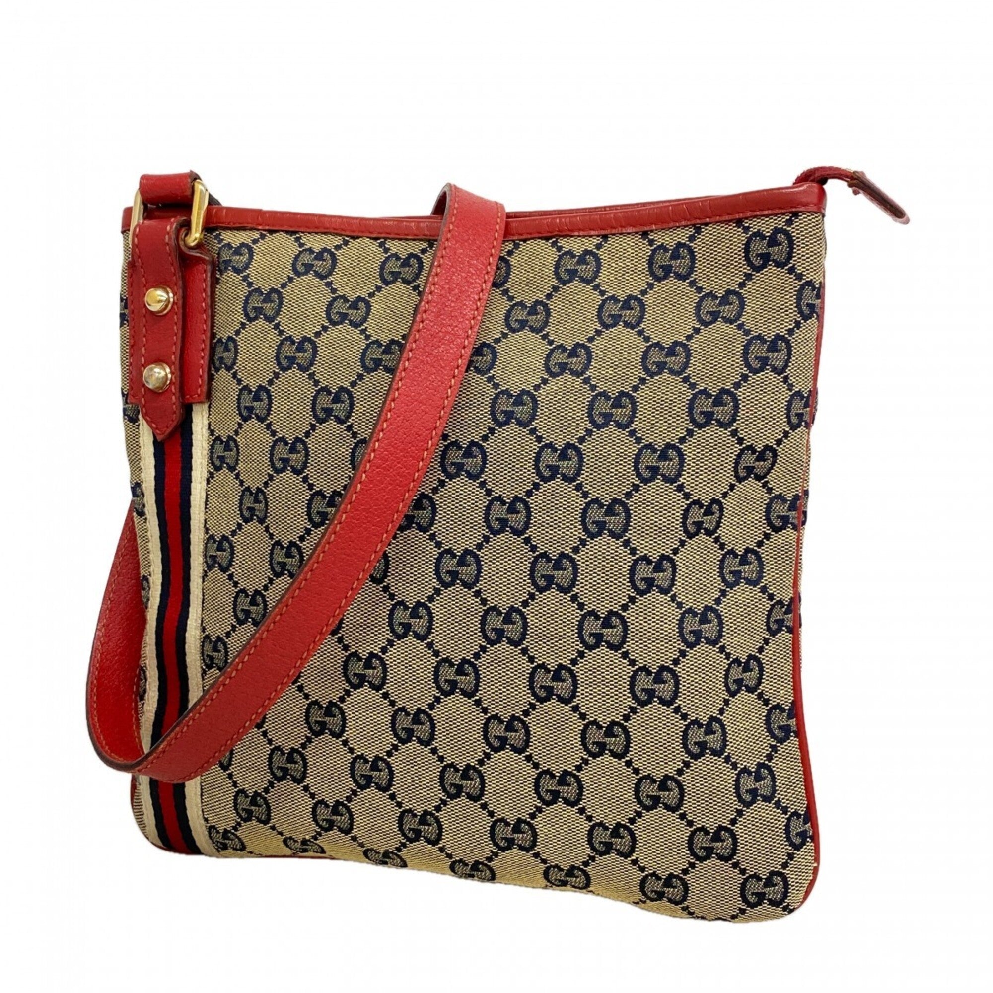 Gucci Navy Red Color Canvas Shoulder Bag (Pre-Owned)