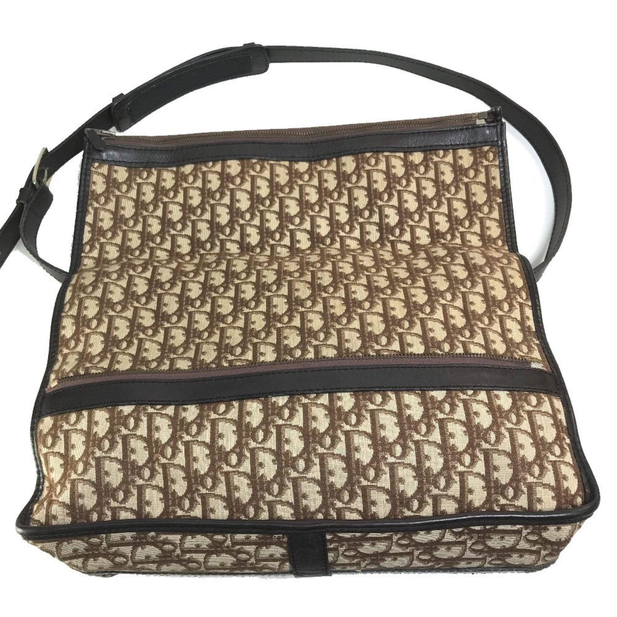 Christian Dior Beige Brown Leather Canvas Shoulder Bag (Pre-Owned)