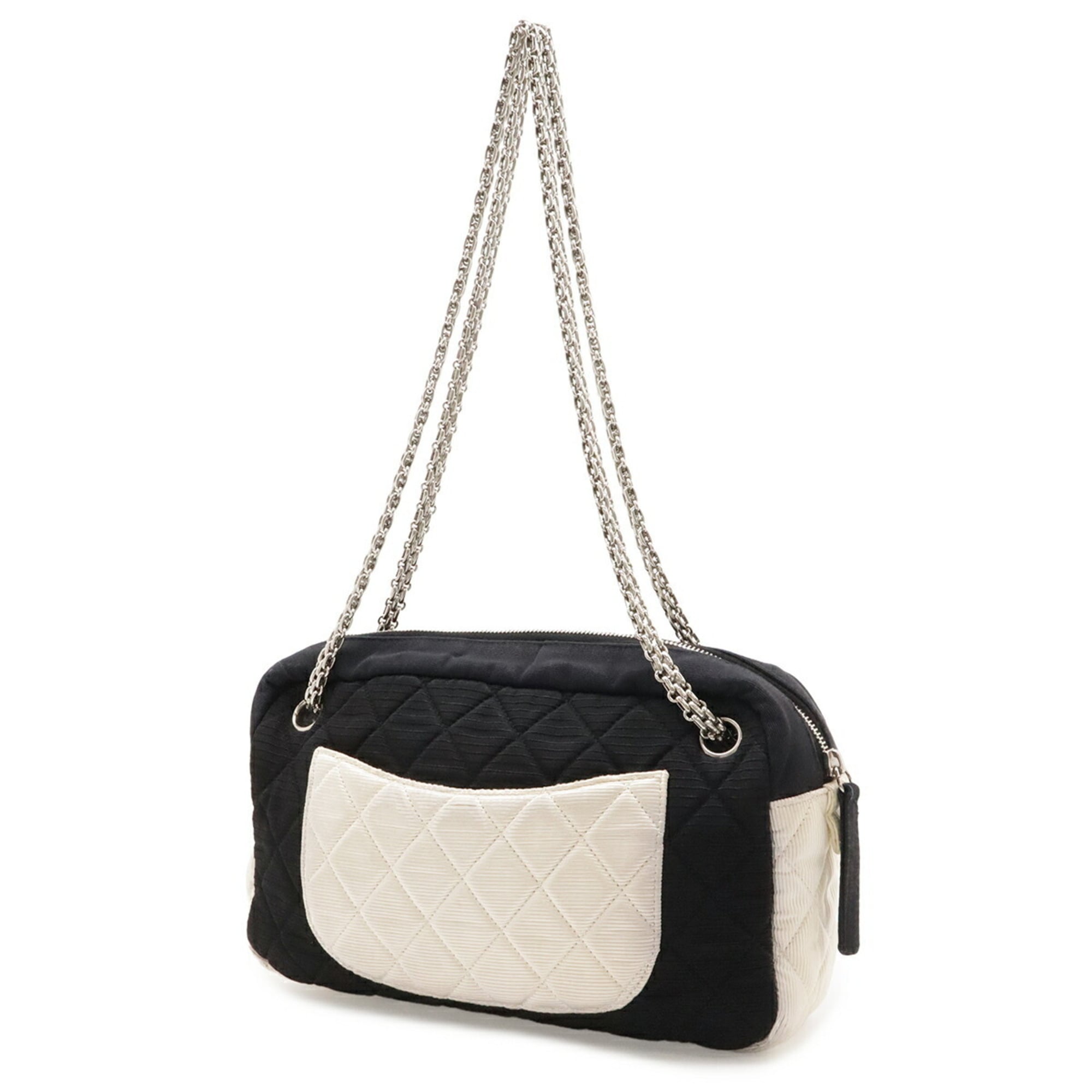 Chanel 2.55 Black Ivory Satin Canvas Shoulder Bag (Pre-Owned)