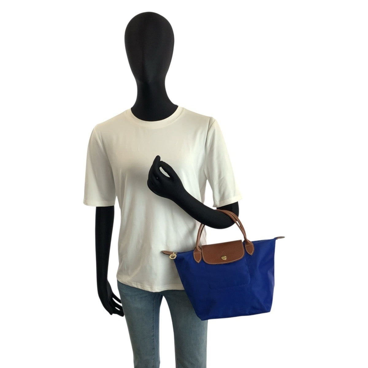 Longchamp Blue Brown Nylon Leather Handbag Tote Bag (Pre-Owned)