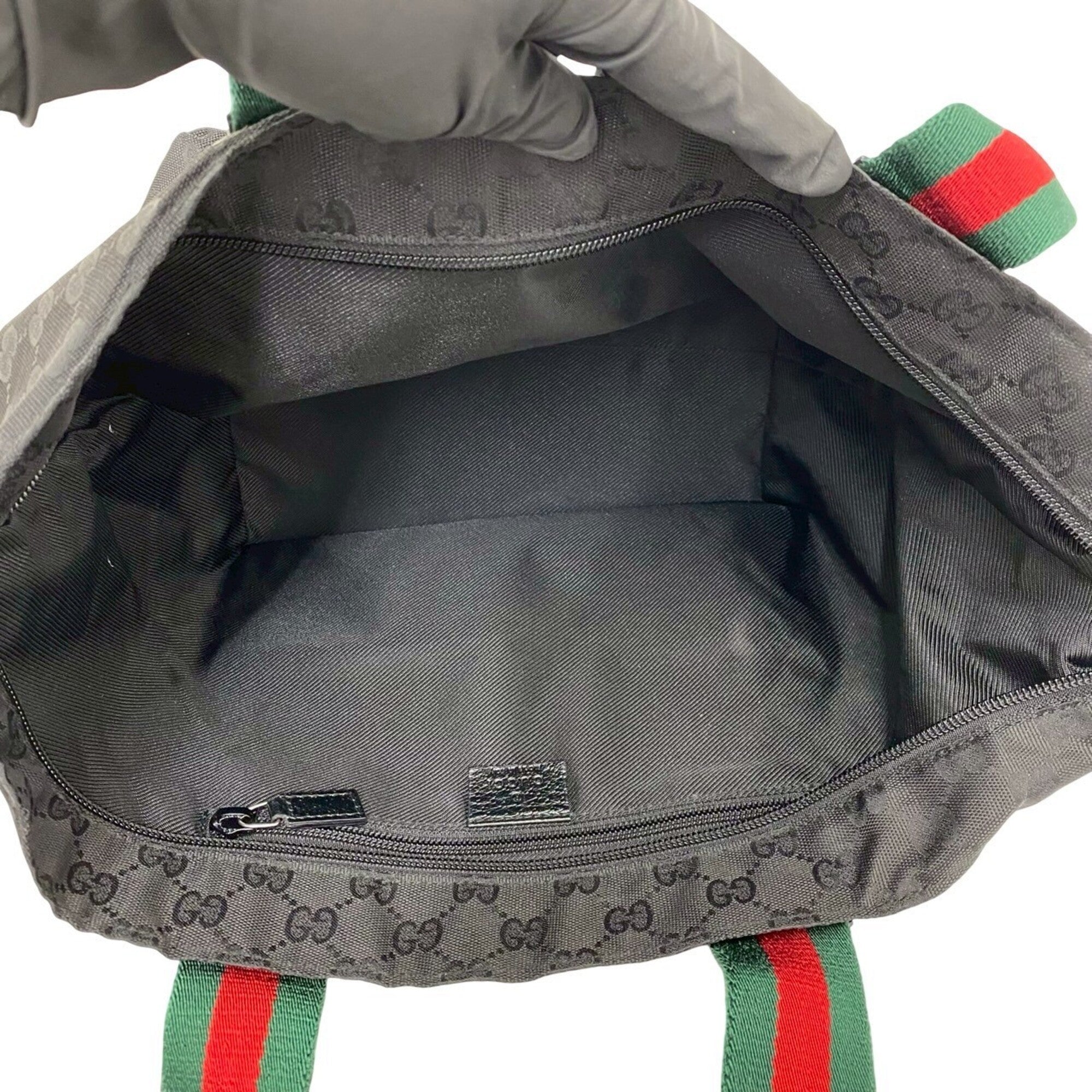 Gucci Black Green Red Color Leather Nylon Canvas Handbag Tote Bag (Pre-Owned)
