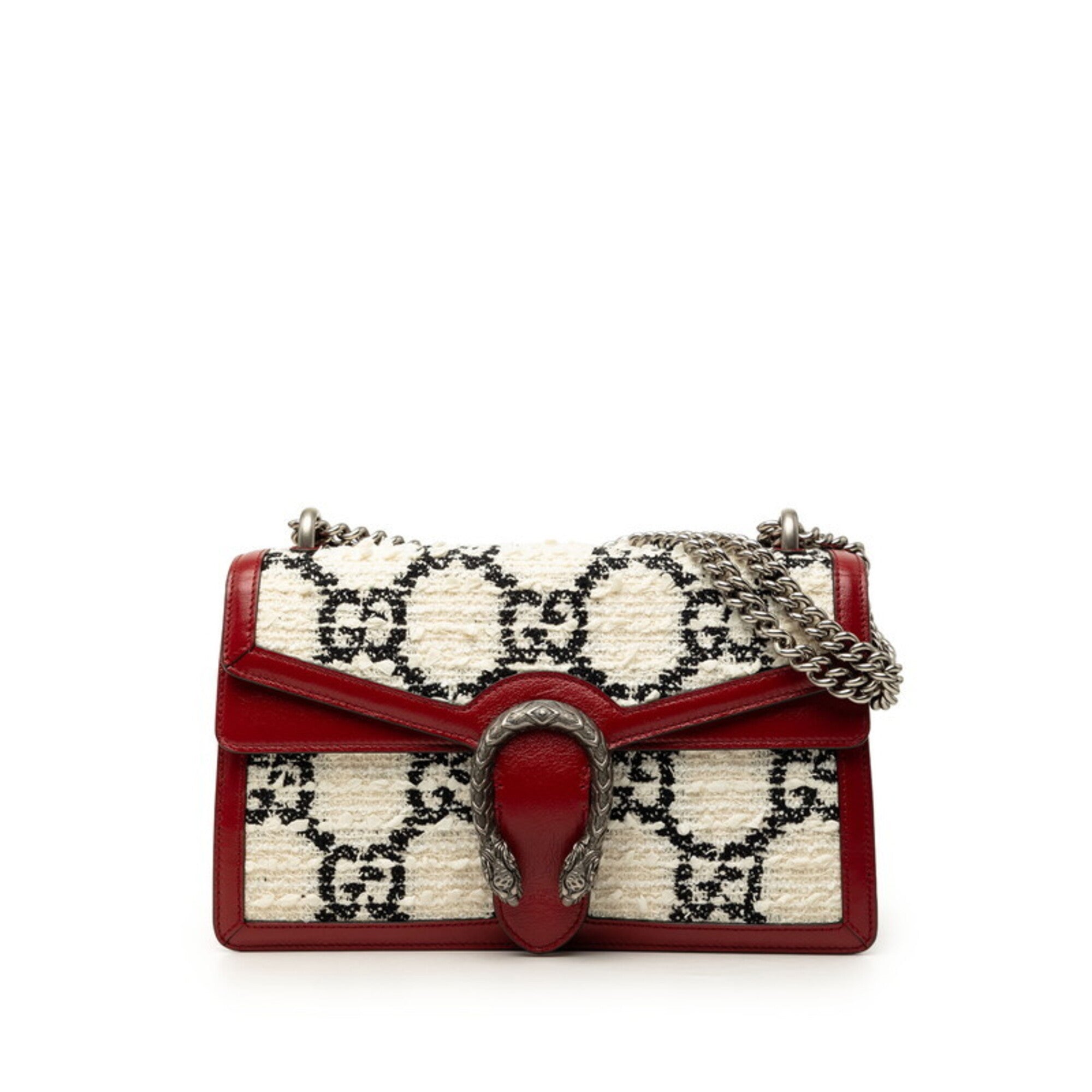 Gucci Black Red Color White Tweed Leather Shoulder Bag (Pre-Owned)