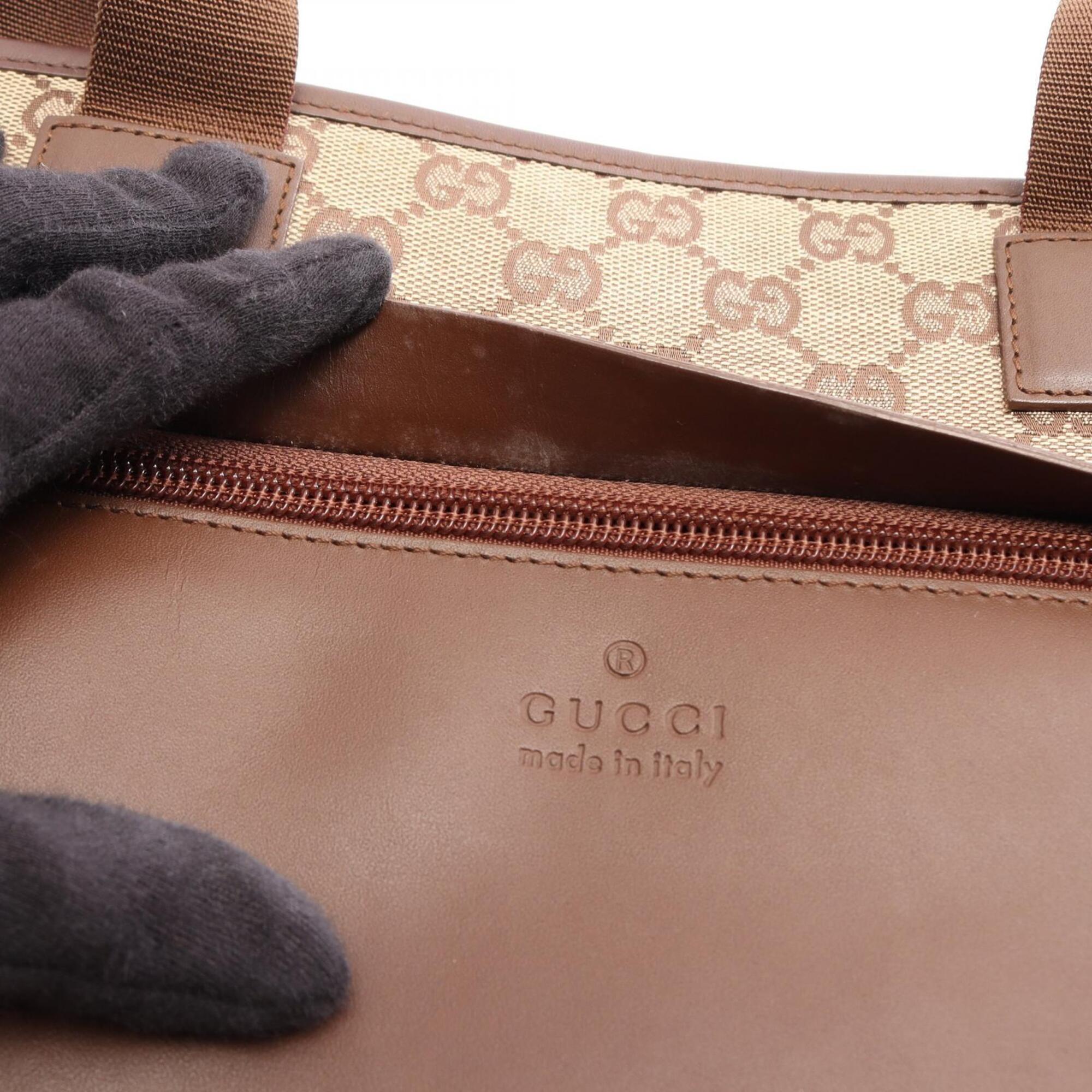 Gucci Beige Brown Leather Canvas Handbag Tote Bag (Pre-Owned)