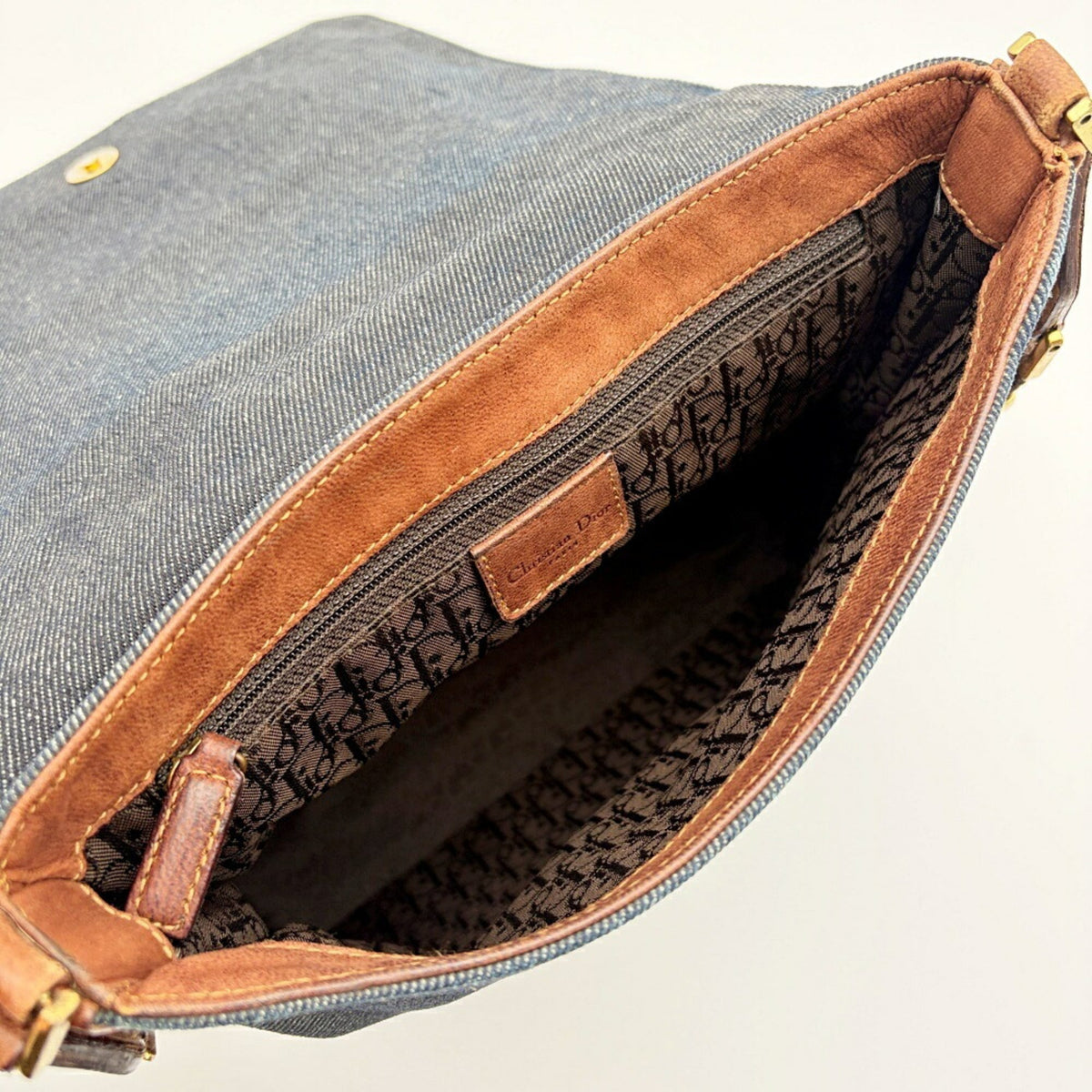 Christian Dior Brown Navy Denim Leather Shoulder Bag (Pre-Owned)