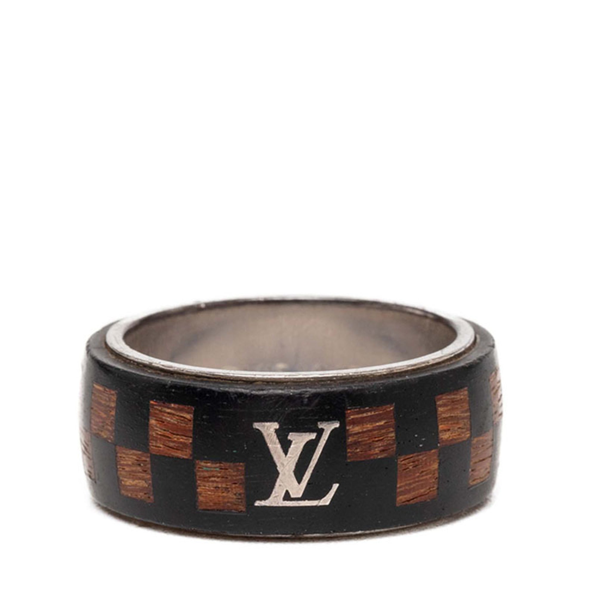 Louis Vuitton Silver Brown Metal Wood Band Ring (Pre-Owned)