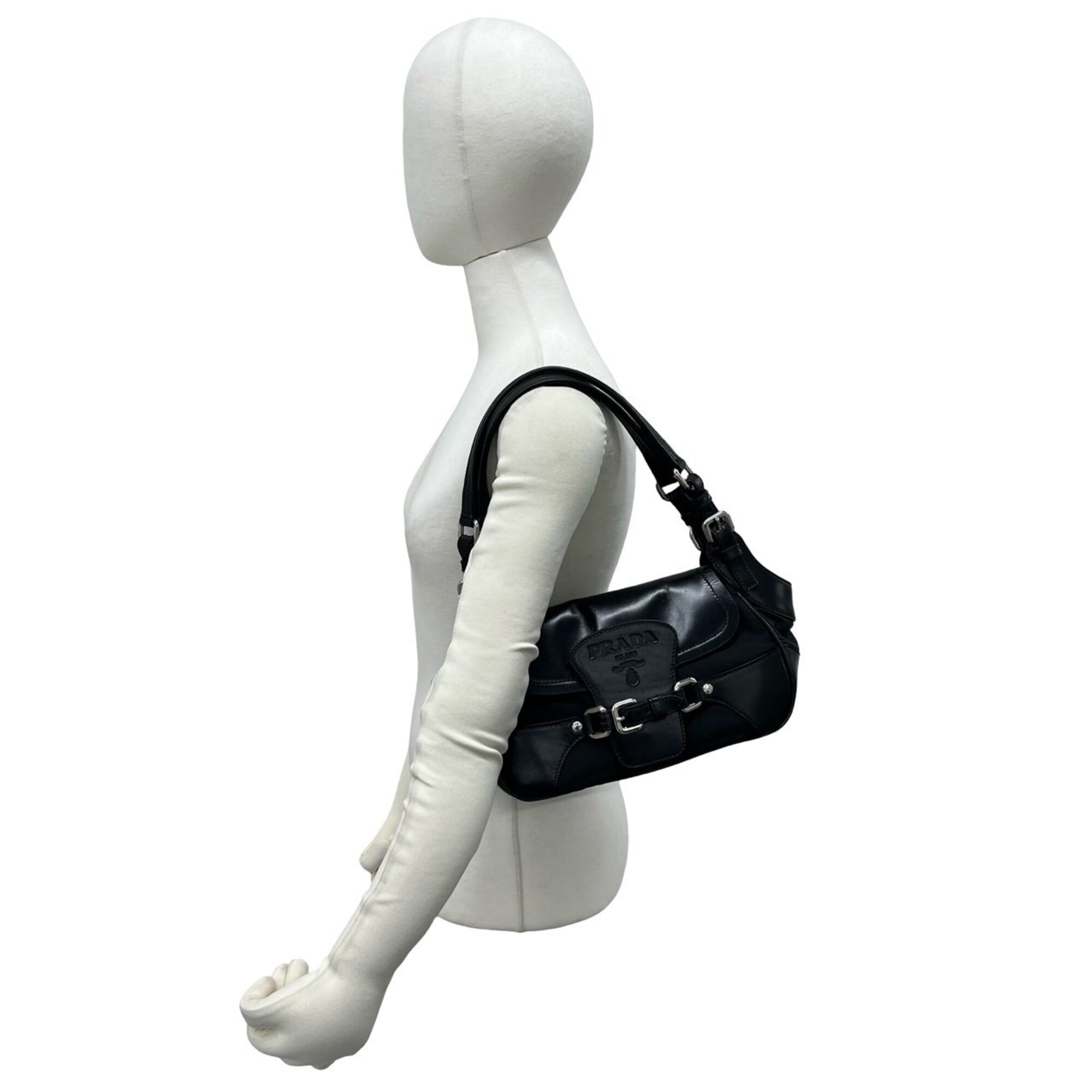 Prada Black Leather Nylon Handbag Shoulder Bag (Pre-Owned)