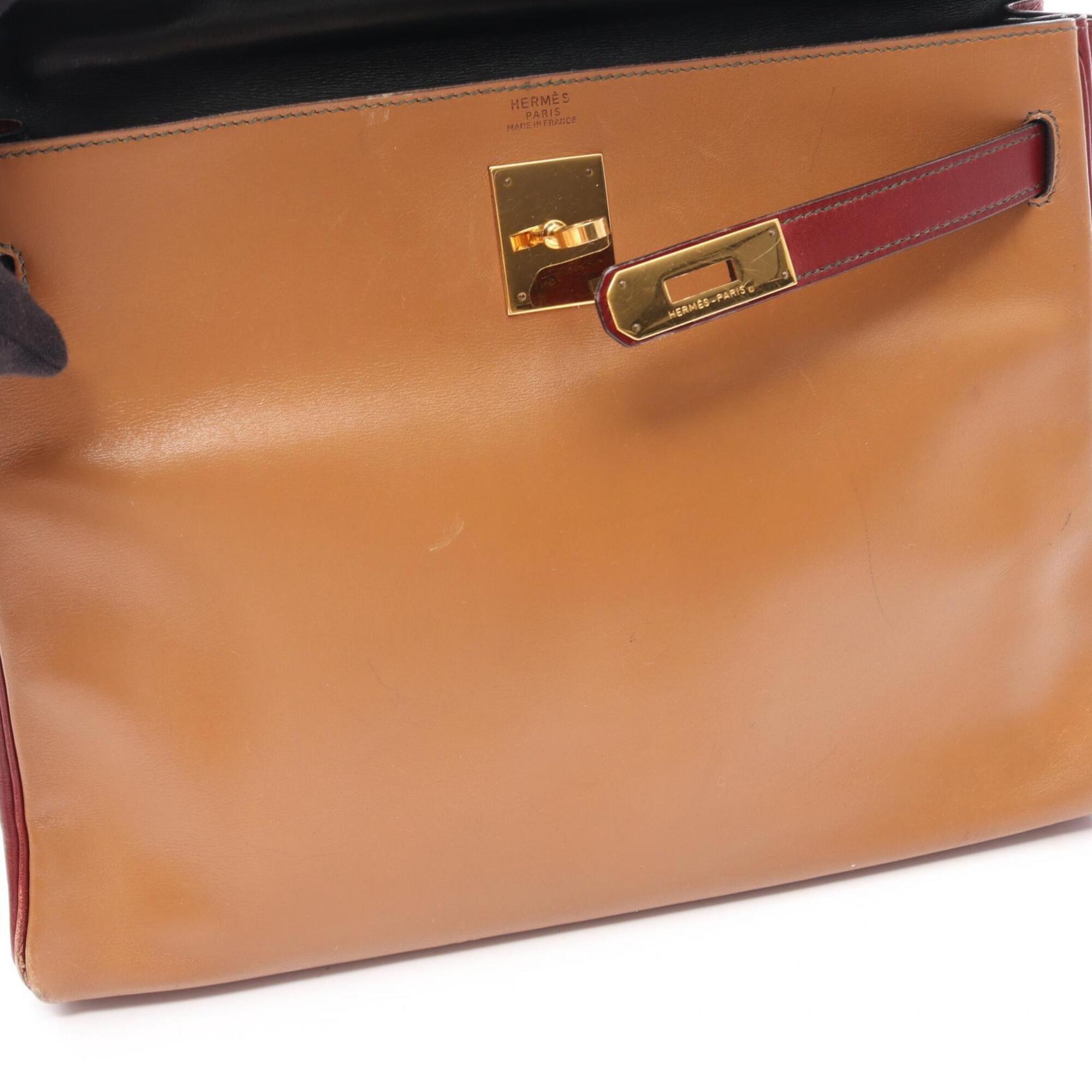 Hermes Bordeaux Brown Green Natural Rouge H Box Calf Leather Handbag (Pre-Owned)