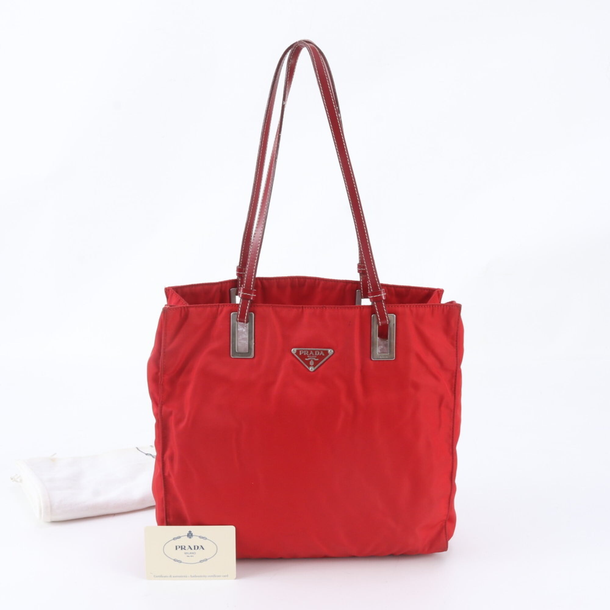 Prada Red Color Nylon Leather Shoulder Bag Tote Bag (Pre-Owned)