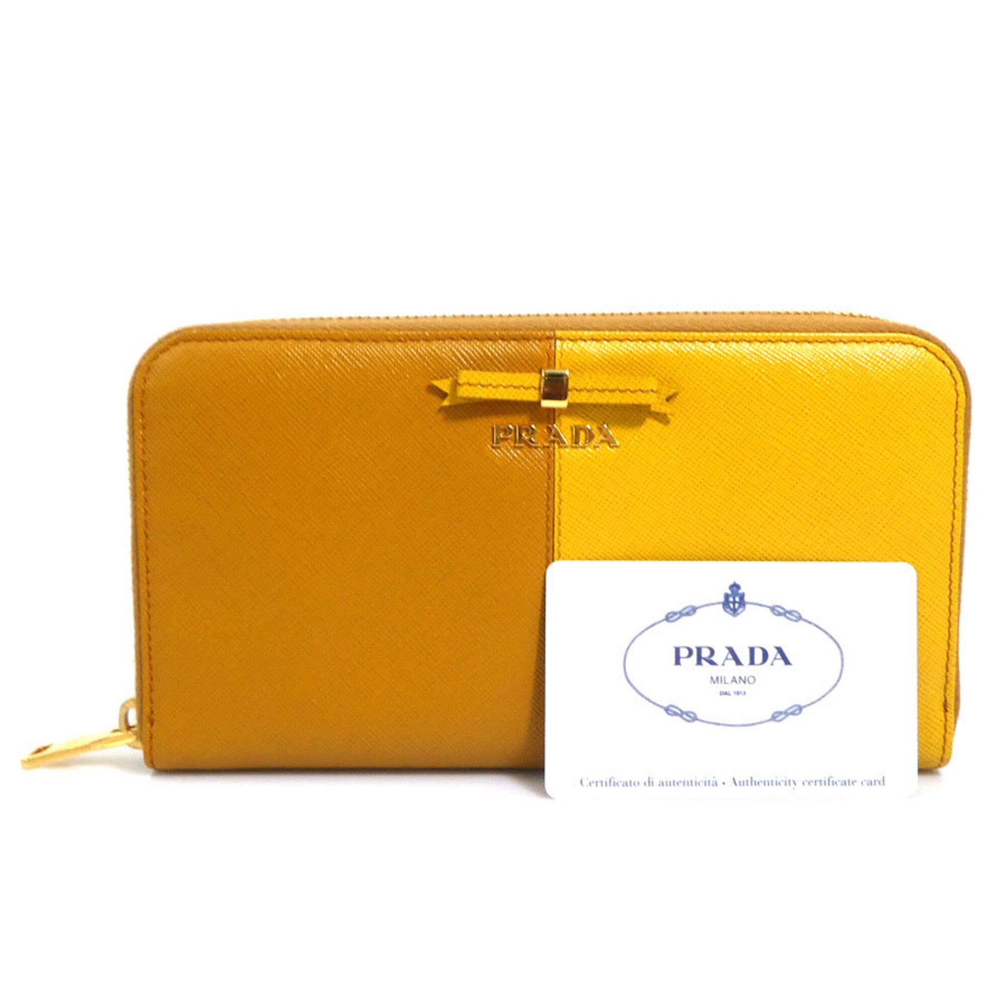 Prada Brown Yellow Leather Long Wallet (Bi-Fold) (Pre-Owned)