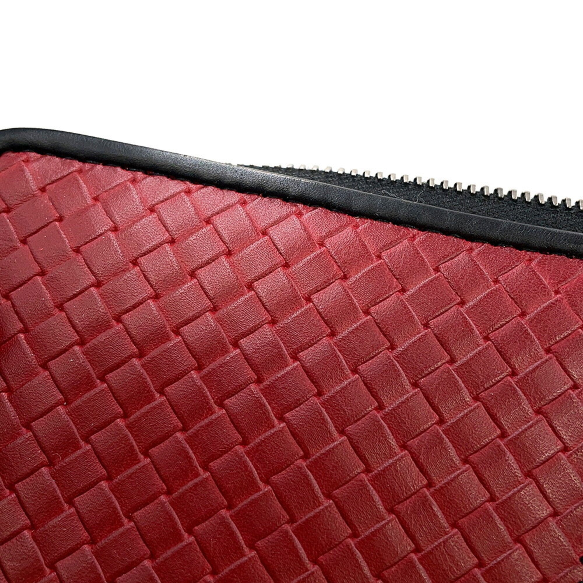 Bottega Veneta Intrecciato Gray Red Color Leather Long Wallet (Bi-Fold) (Pre-Owned)