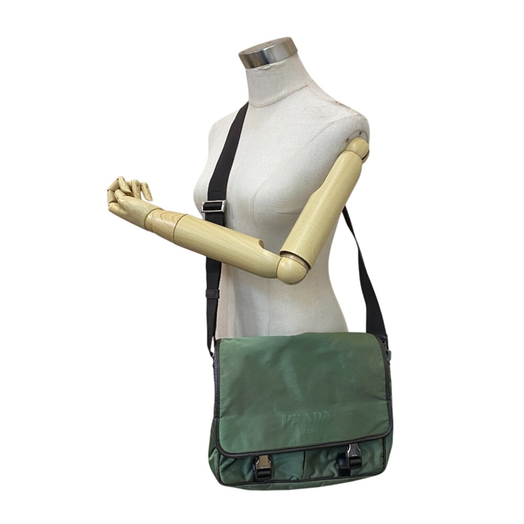 Prada Brown Green Nylon Leather Messenger Bag Shoulder Bag (Pre-Owned)