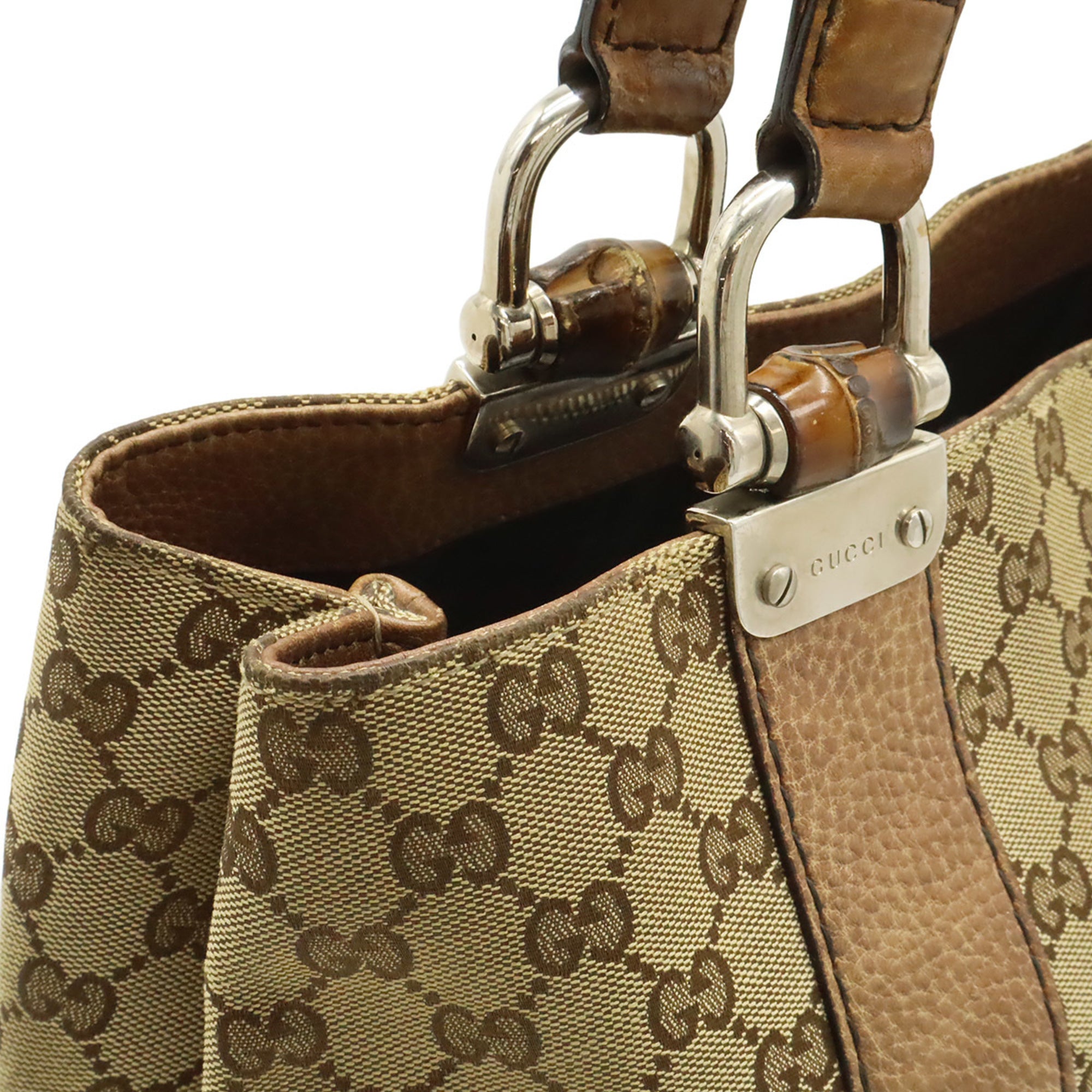 Gucci Beige Brown Canvas Leather Shoulder Bag Tote Bag (Pre-Owned)