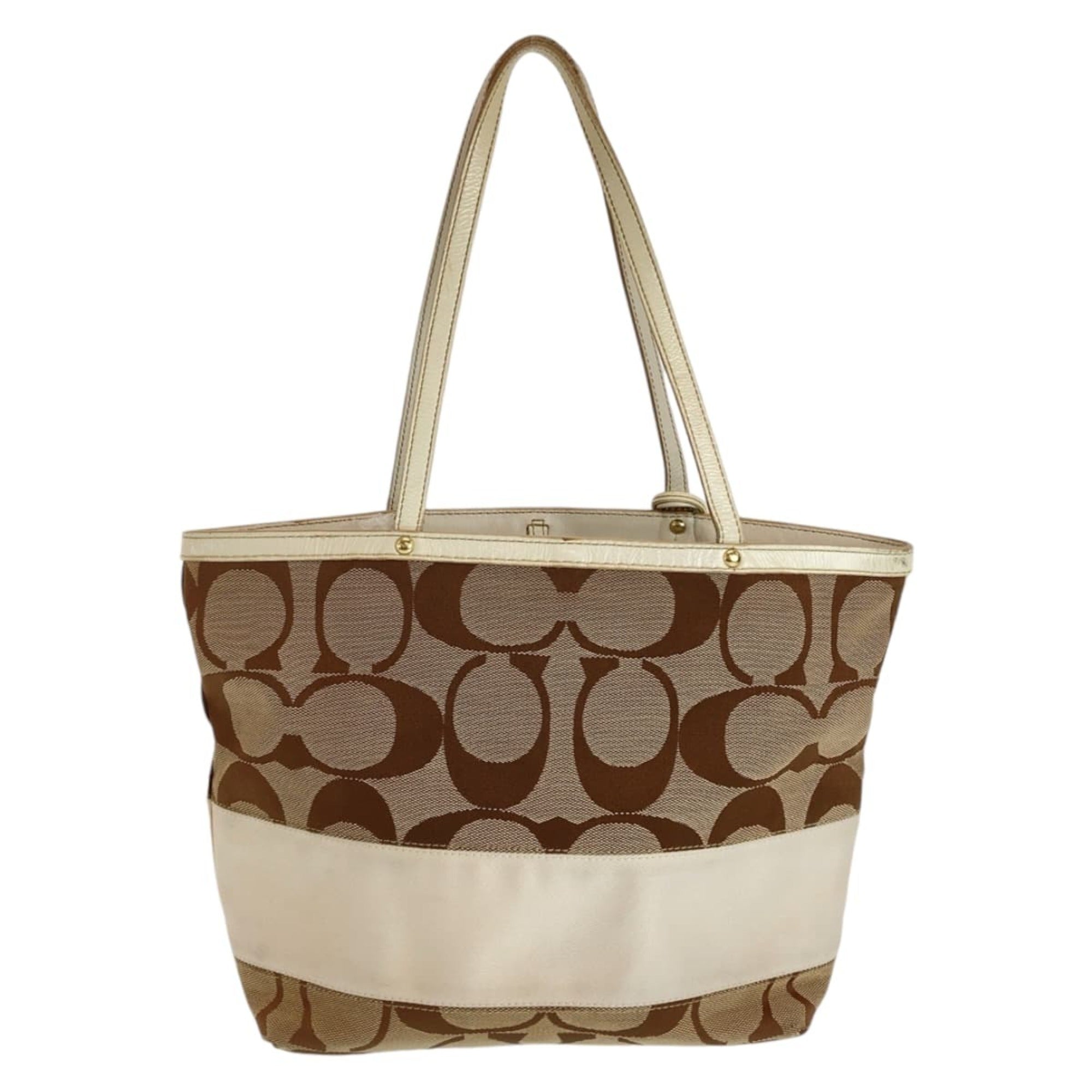 Coach Beige Brown White Canvas Leather Shoulder Bag Tote Bag (Pre-Owned)