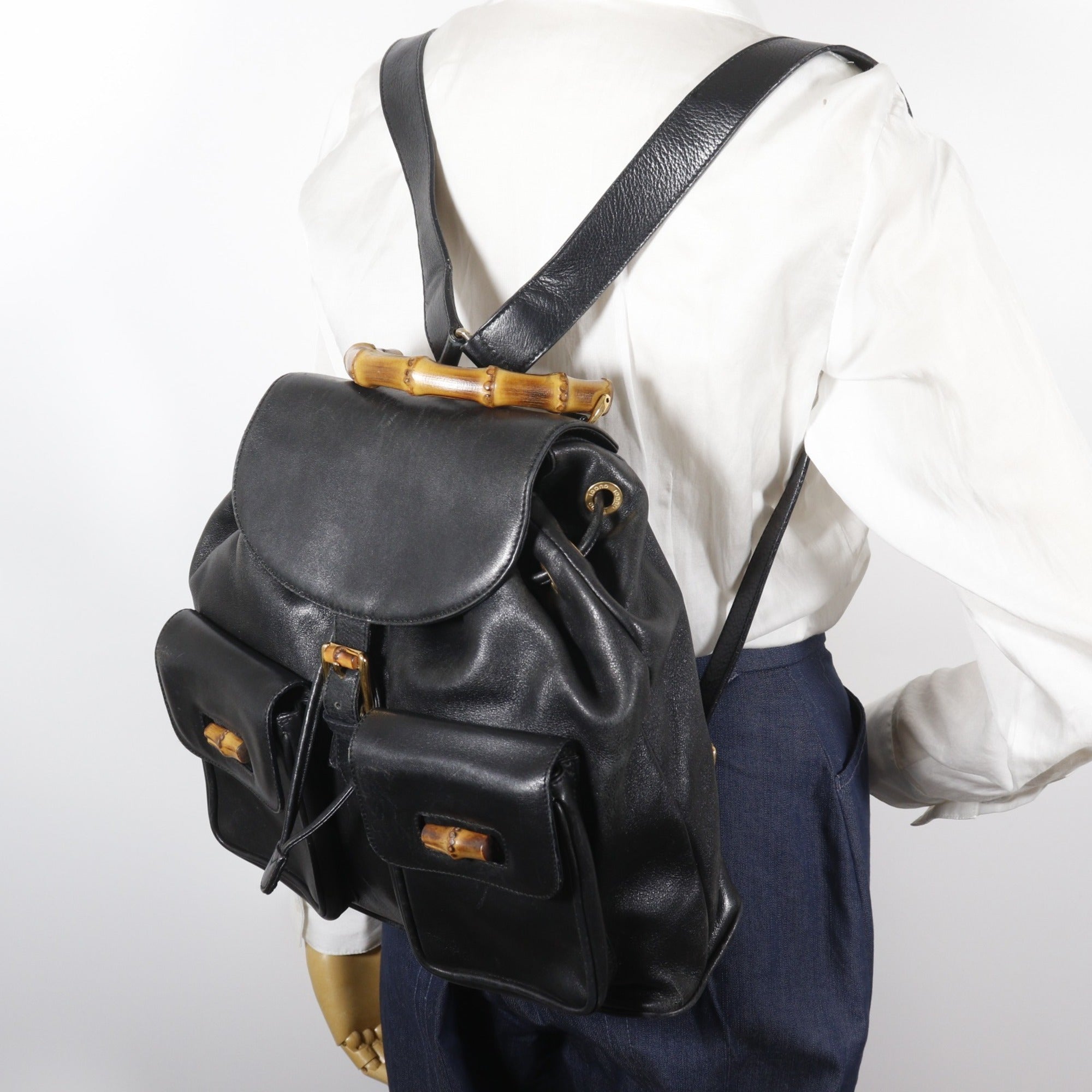 Gucci Black Bamboo Leather Backpack (Pre-Owned)