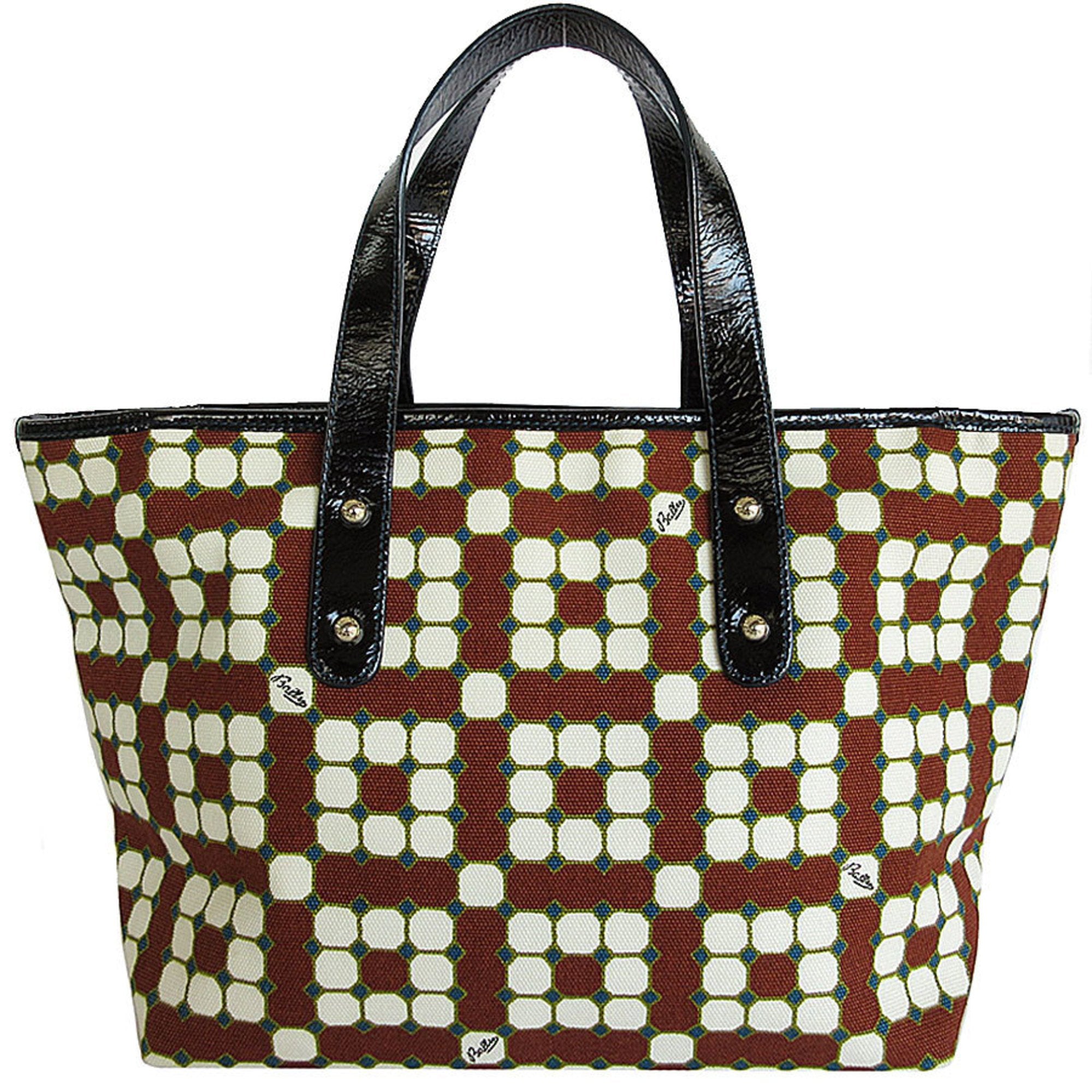 Bally Black Brown Off-White Canvas Patent Leather Handbag Tote Bag (Pre-Owned)
