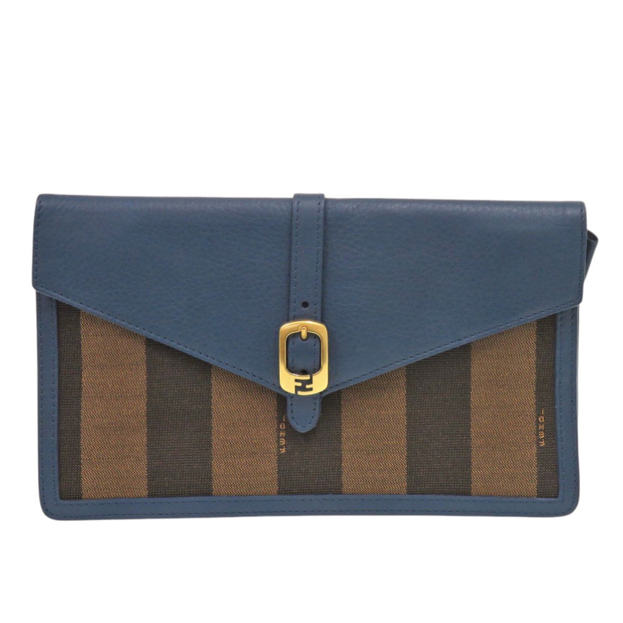 Fendi Blue Brown Leather Canvas Clutch Bag (Pre-Owned)