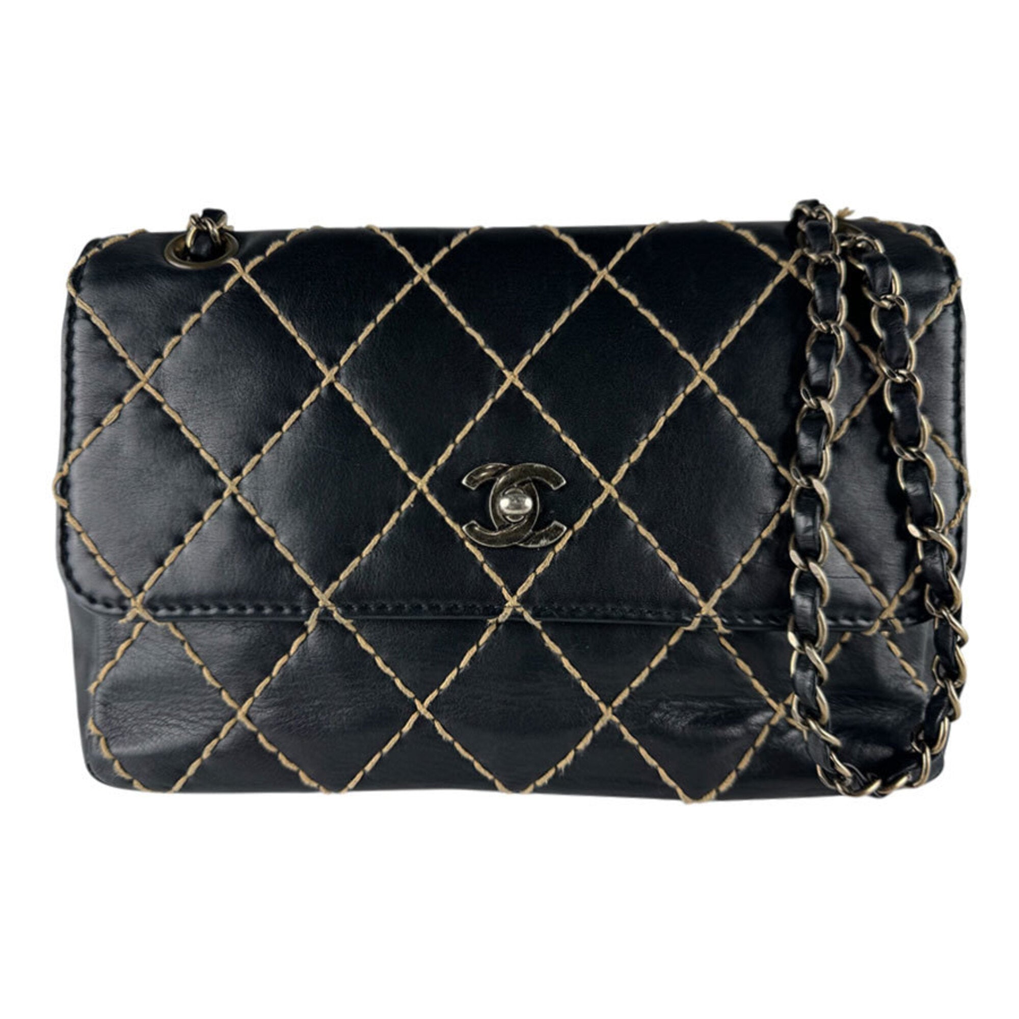 Chanel Beige Black Leather Shoulder Bag (Pre-Owned)