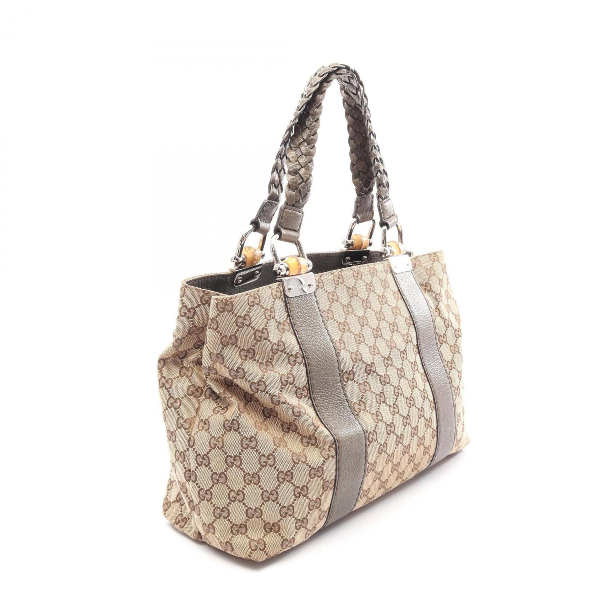 Gucci Beige Khaki Canvas Leather Handbag Tote Bag (Pre-Owned)