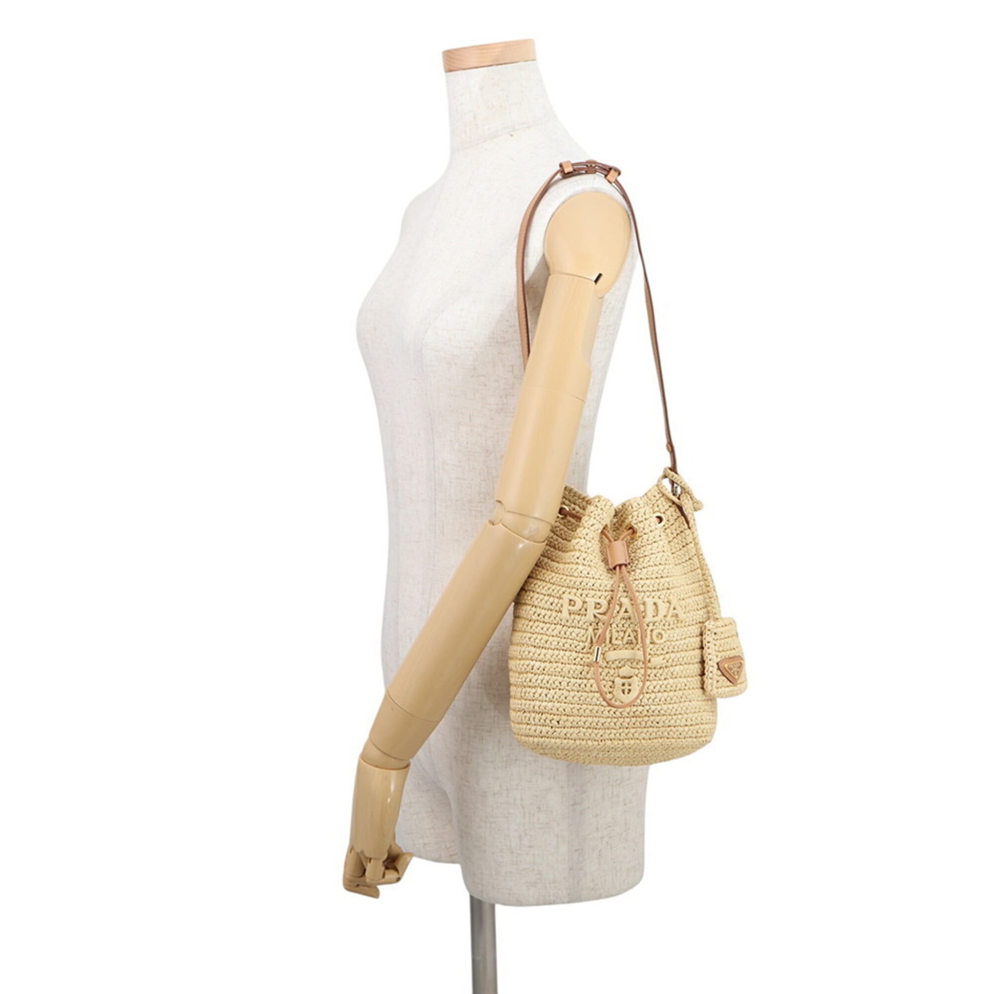 Prada Beige Light Brown Raffia Leather Handbag Shoulder Bag (Pre-Owned)