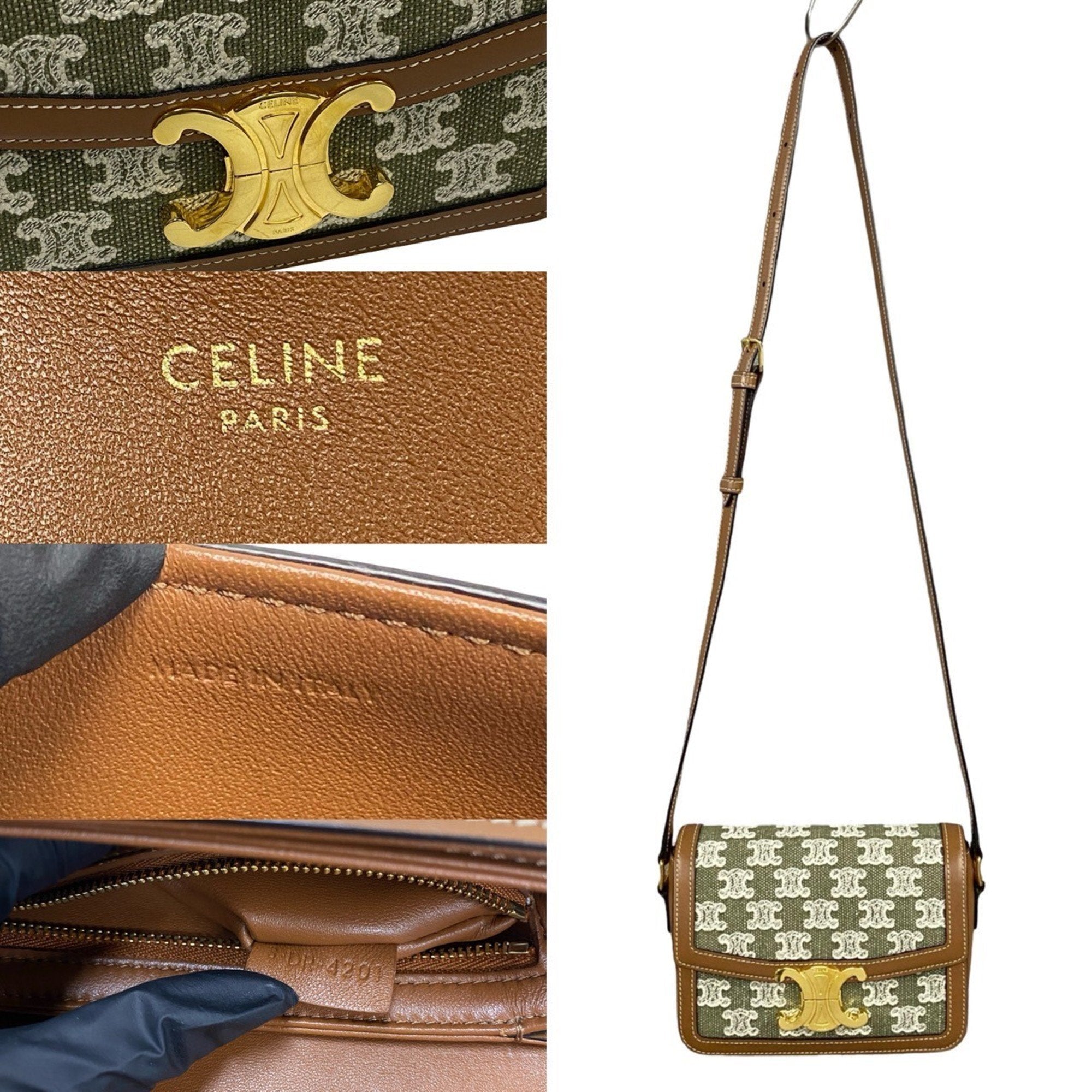 Celine Brown Khaki Leather Canvas Pochette Shoulder Bag (Pre-Owned)