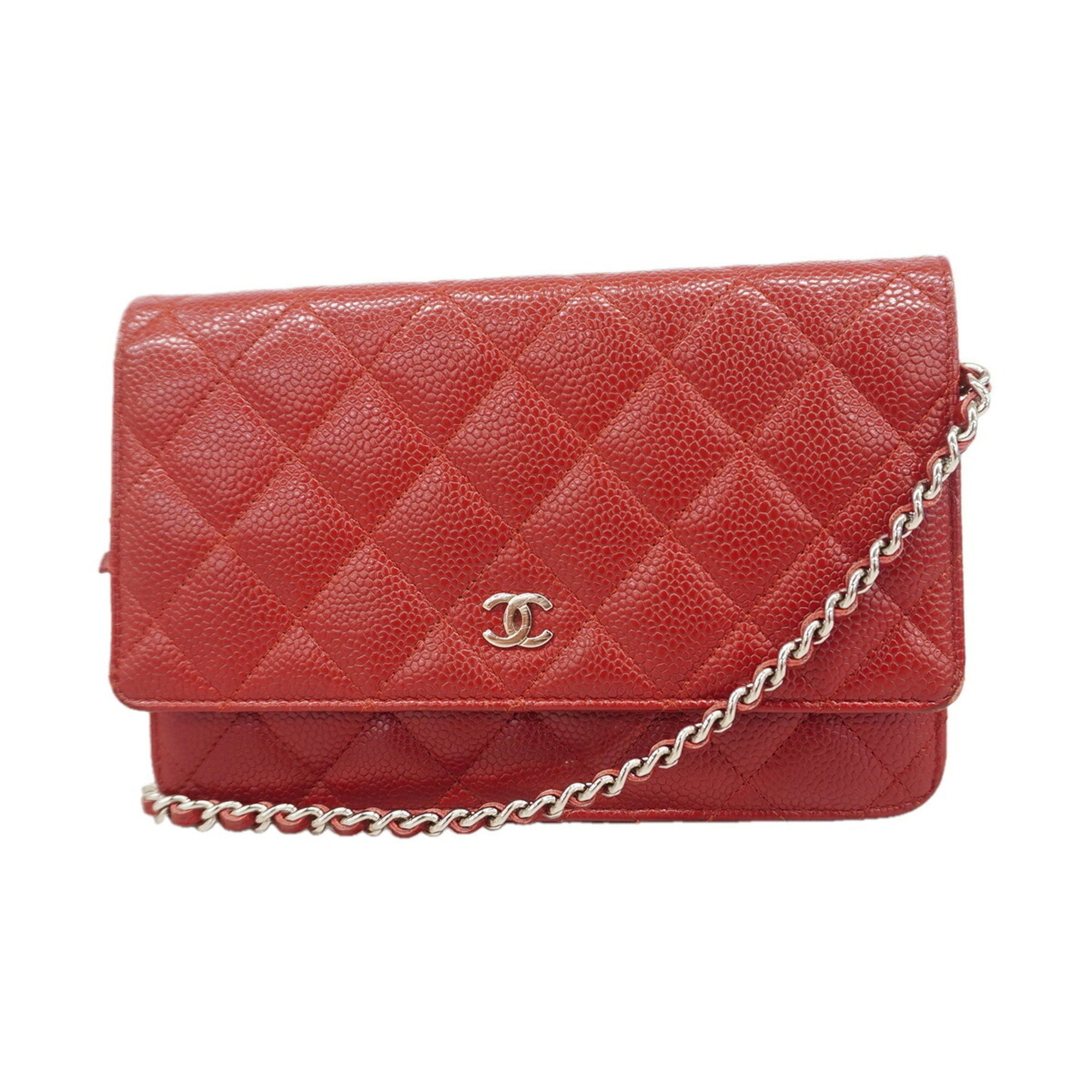 Chanel Red Color Grained Calfskin Chain/Shoulder Wallet (Pre-Owned)