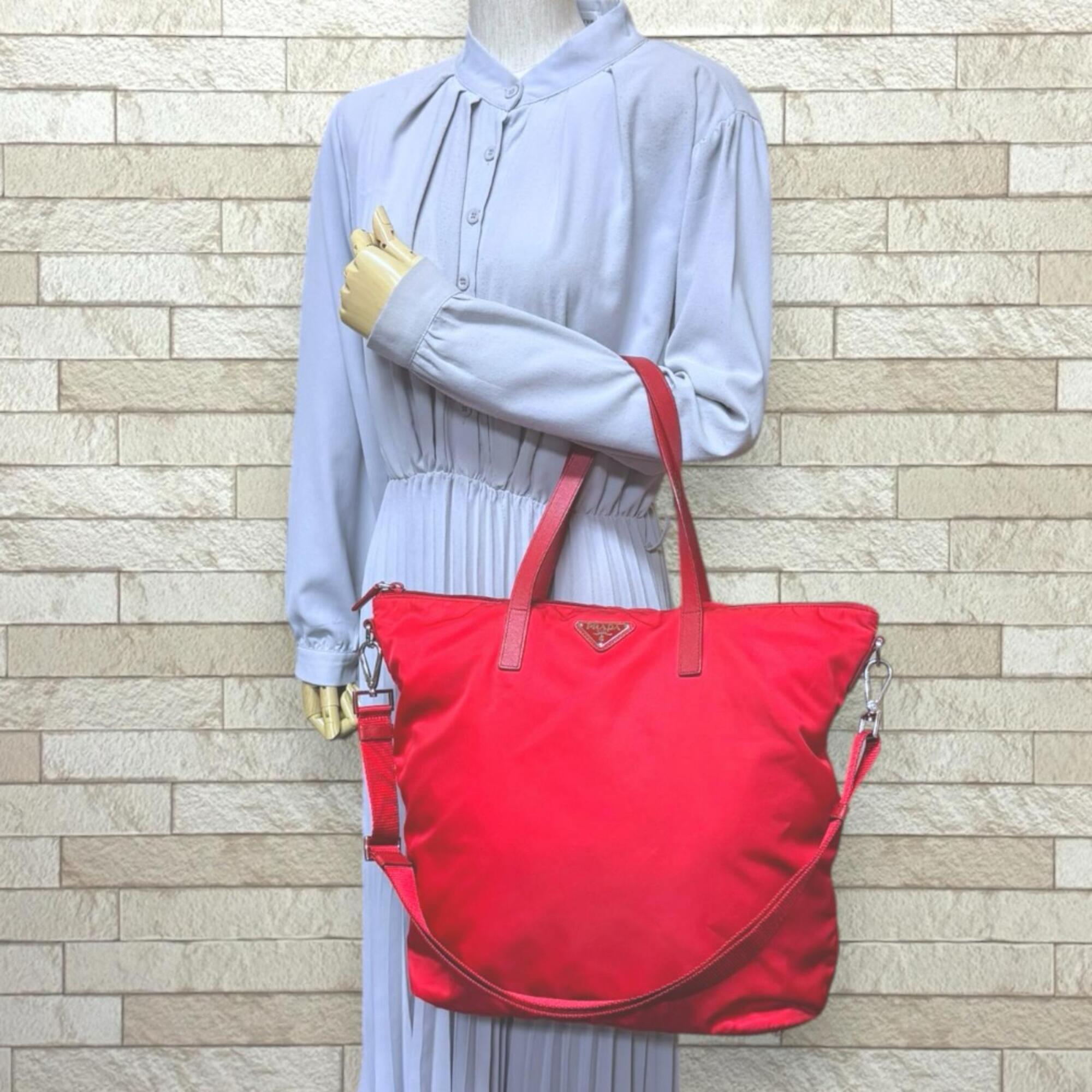 Prada Red Color Nylon Handbag Tote Bag (Pre-Owned)