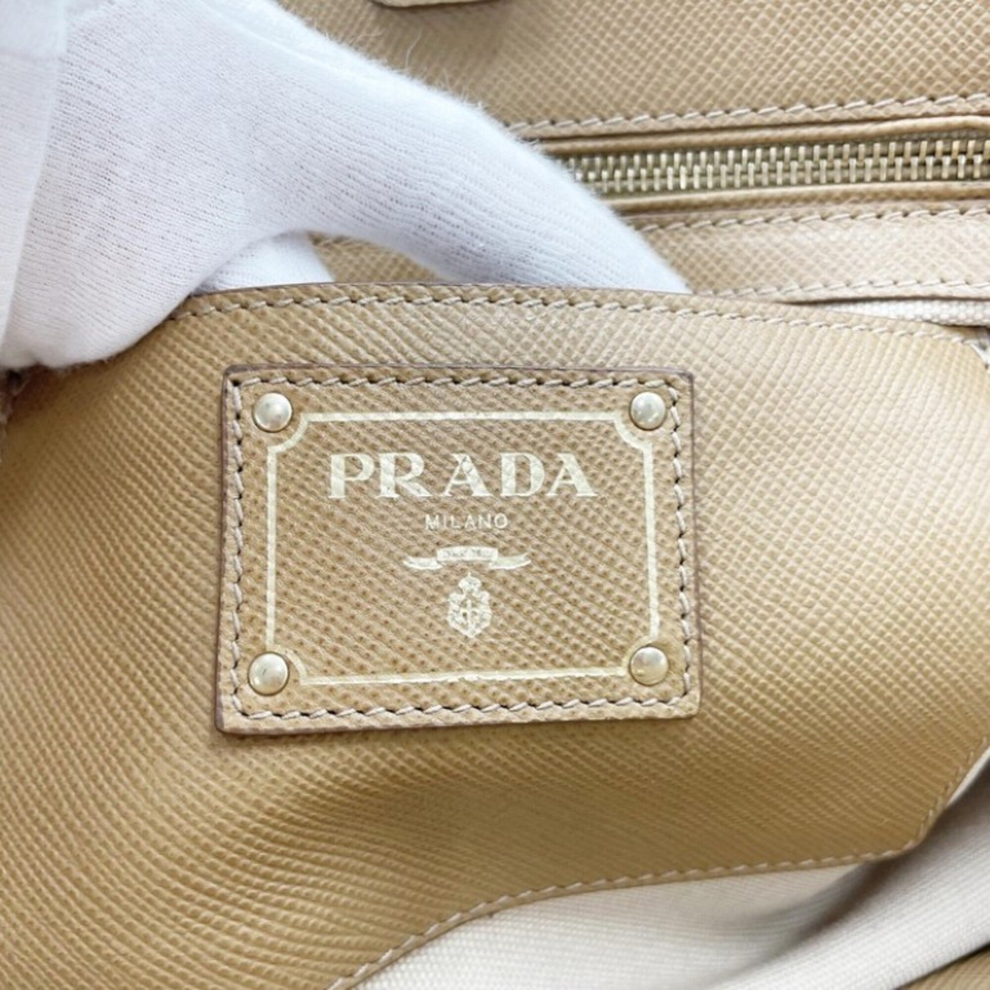 Prada Beige Brown Leather Canvas Handbag Shoulder Bag Tote Bag (Pre-Owned)