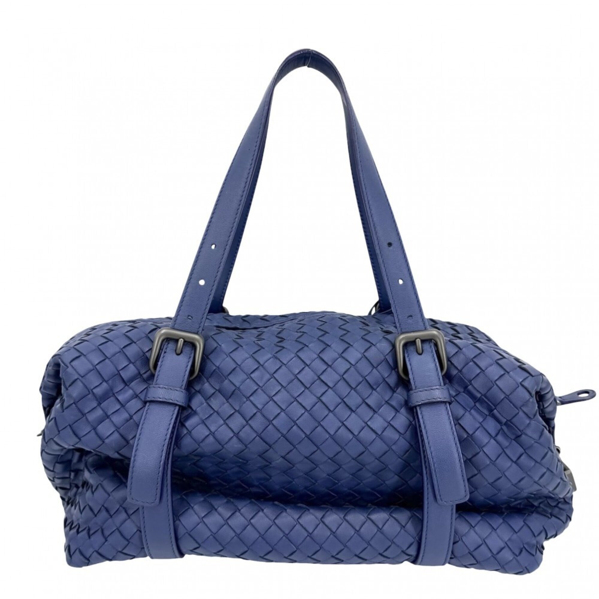 Bottega Veneta Intrecciato Blue Leather Handbag Tote Bag (Pre-Owned)
