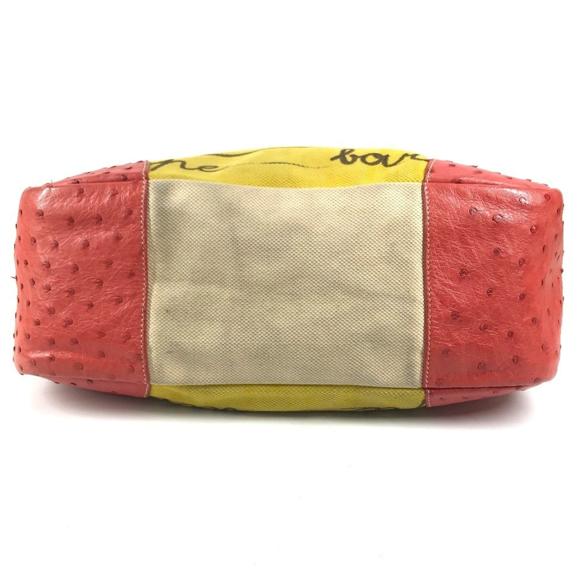 Prada Beige Red Color Yellow Leather Canvas Shoulder Bag Tote Bag (Pre-Owned)