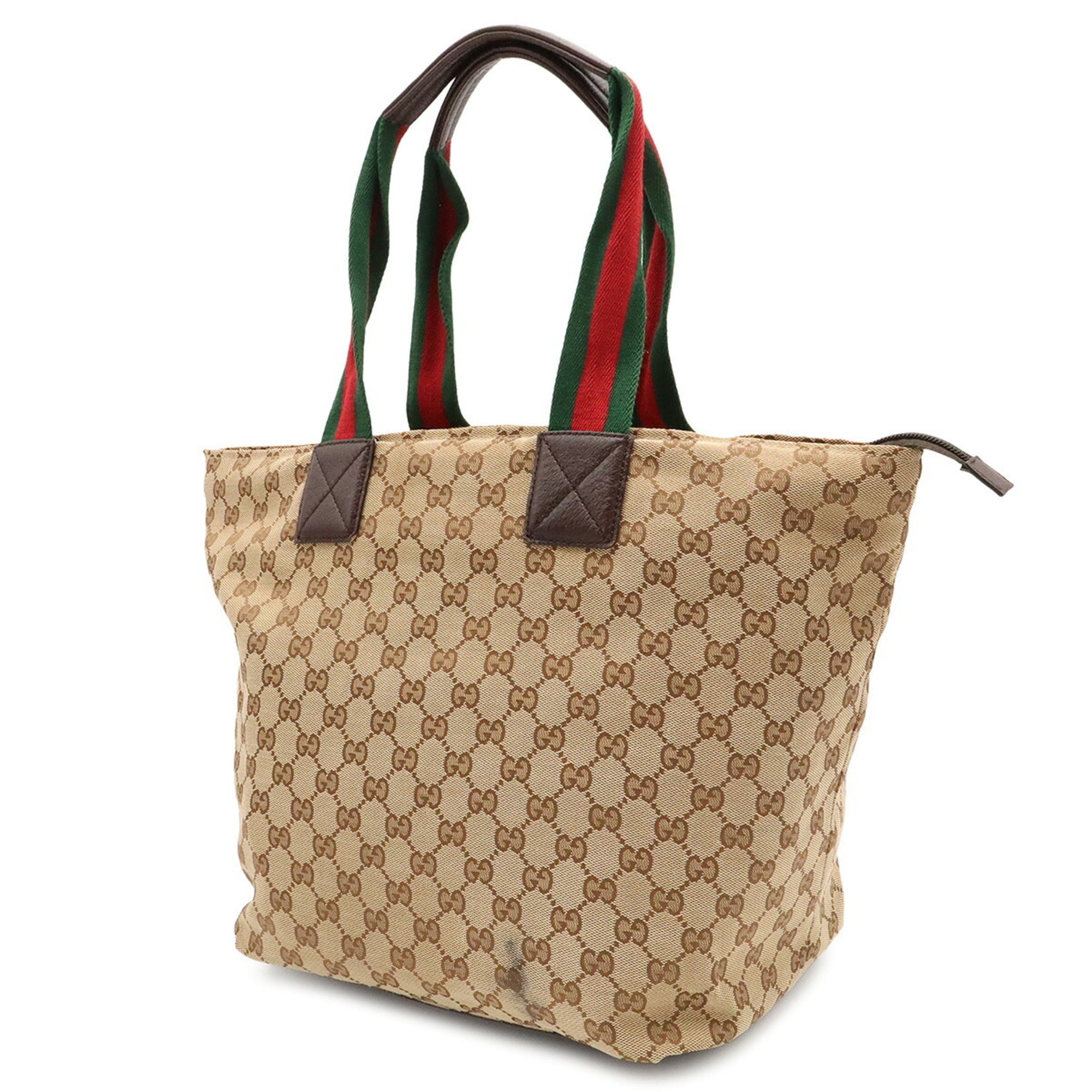 Gucci Beige Dark Brown Green Red Color Nylon Canvas Leather Shoulder Bag Tote Bag (Pre-Owned)