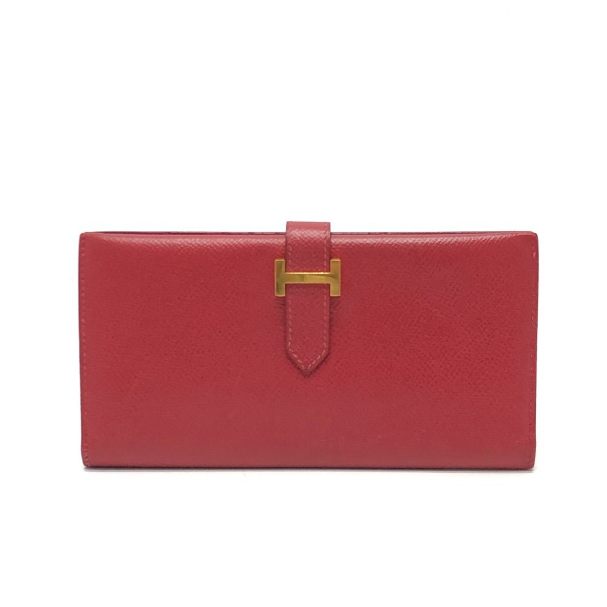 Hermes Red Color Courchevel Leather Long Wallet (Bi-Fold) (Pre-Owned)