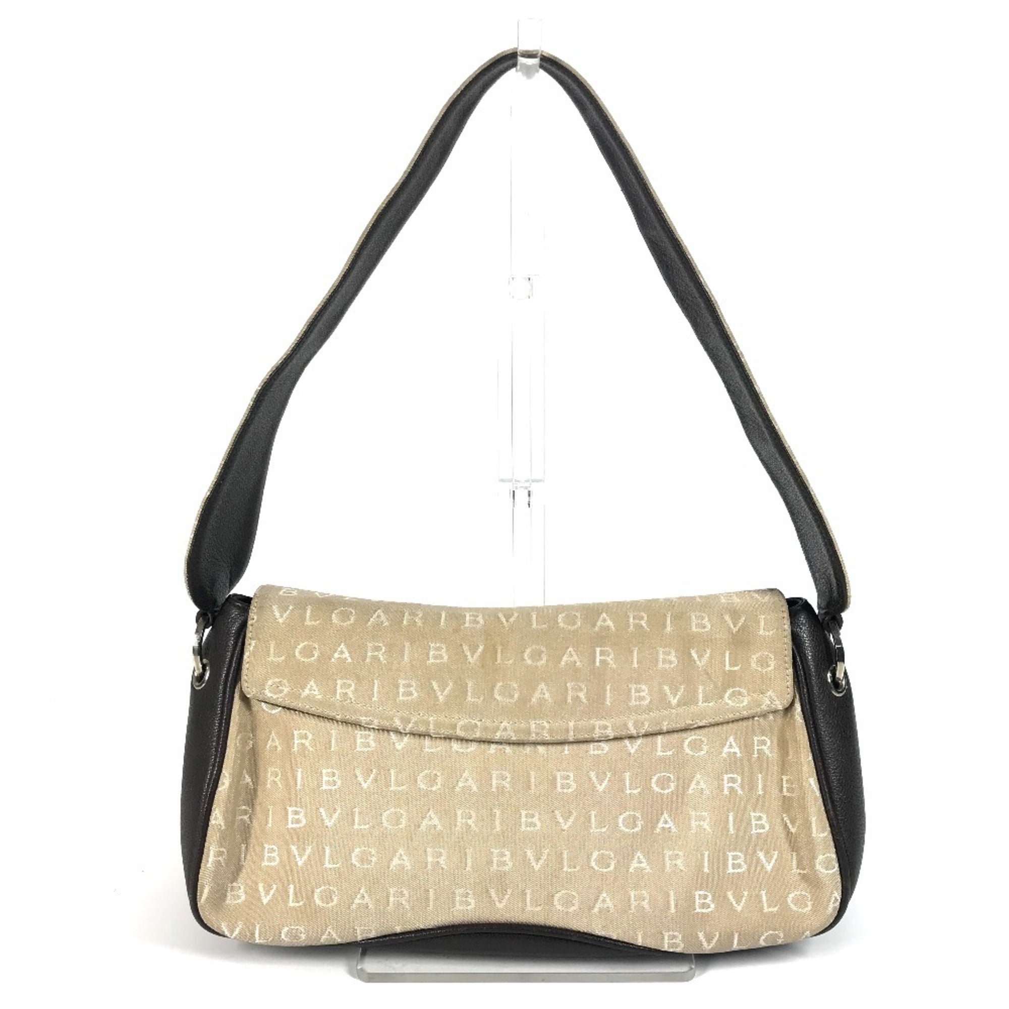 Bvlgari Logomania Beige Dark Brown Leather Canvas Handbag Shoulder Bag (Pre-Owned)