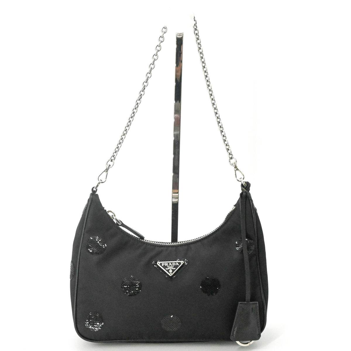 Prada Black Nylon Leather Spangles Handbag Shoulder Bag (Pre-Owned)