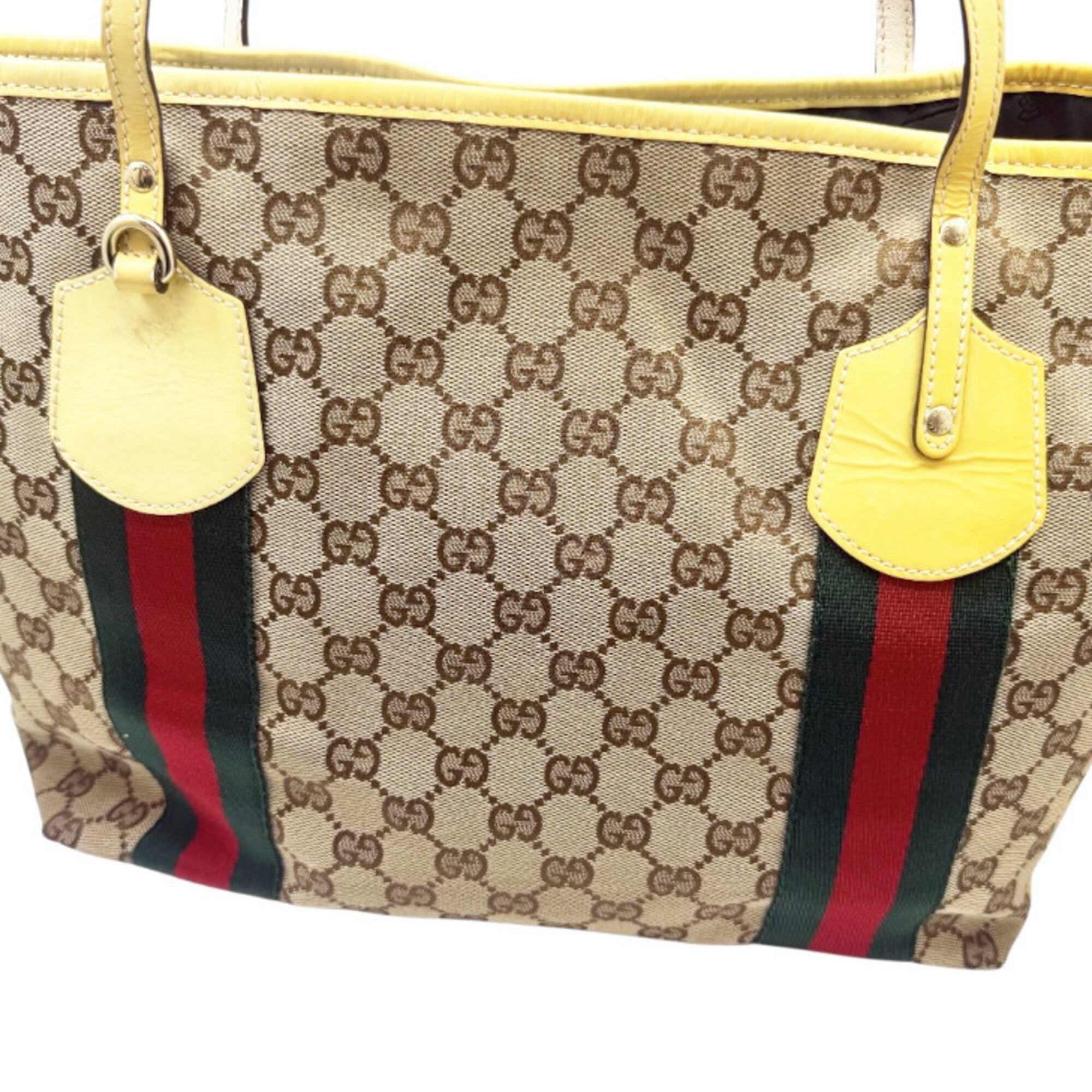 Gucci Beige Yellow Gg Canvas Patent Leather Tote Bag (Pre-Owned)