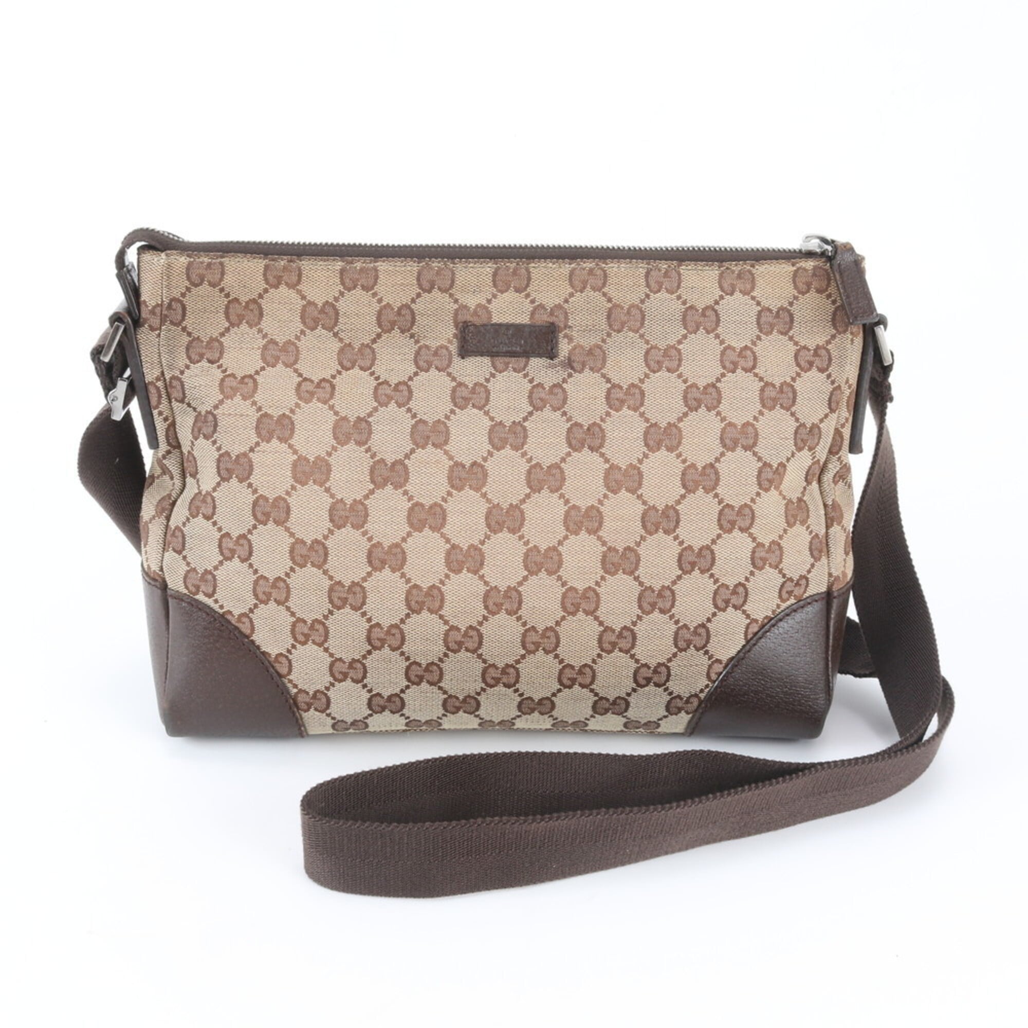 Gucci Beige Brown Leather Canvas Messenger Bag Shoulder Bag (Pre-Owned)